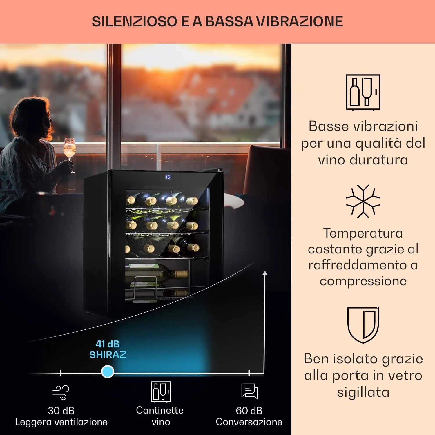 Klarstein Shiraz Cantinetta Vino Nero, 16 Bottiglie, 42 L, 1 Zona, 5–18 °C, LED, Telaio Inox - immagine 4