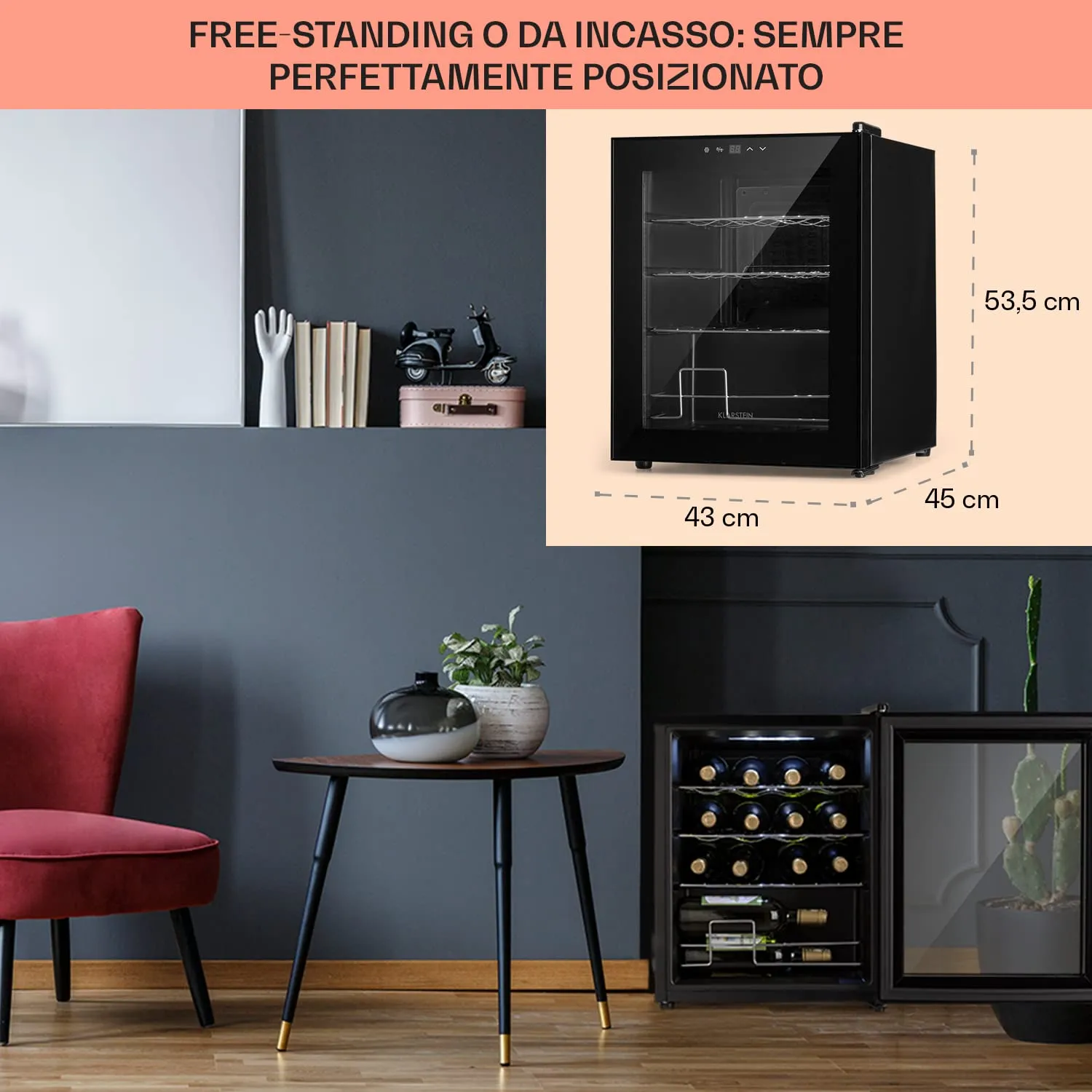 Klarstein Shiraz Cantinetta Vino Nero, 16 Bottiglie, 42 L, 1 Zona, 5–18 °C, LED, Telaio Inox - immagine 6