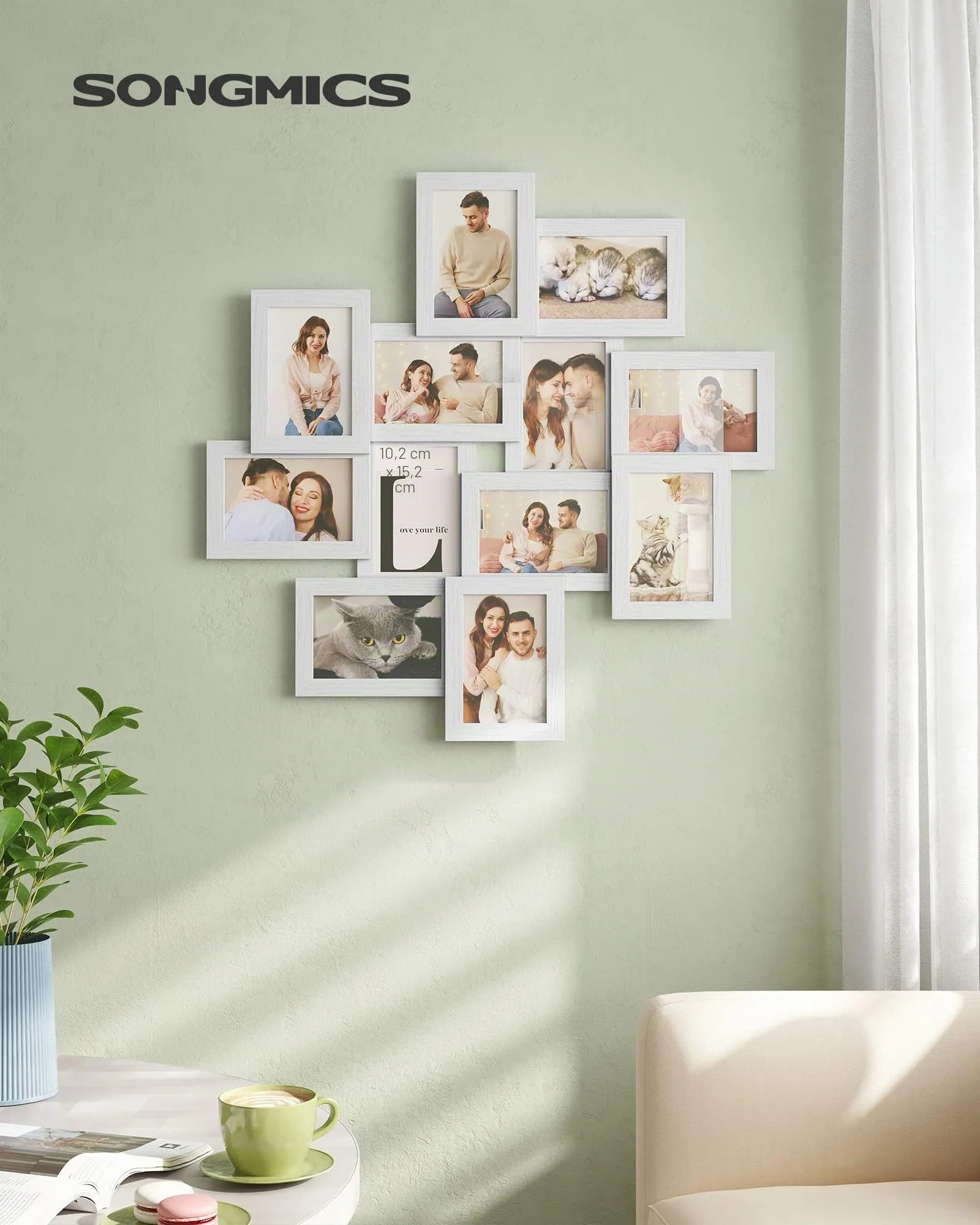SONGMICS RPF22WT Cornice portafoto per 12 foto 10 x 15 cm, vetro e MDF, bianco nuvola - immagine 2