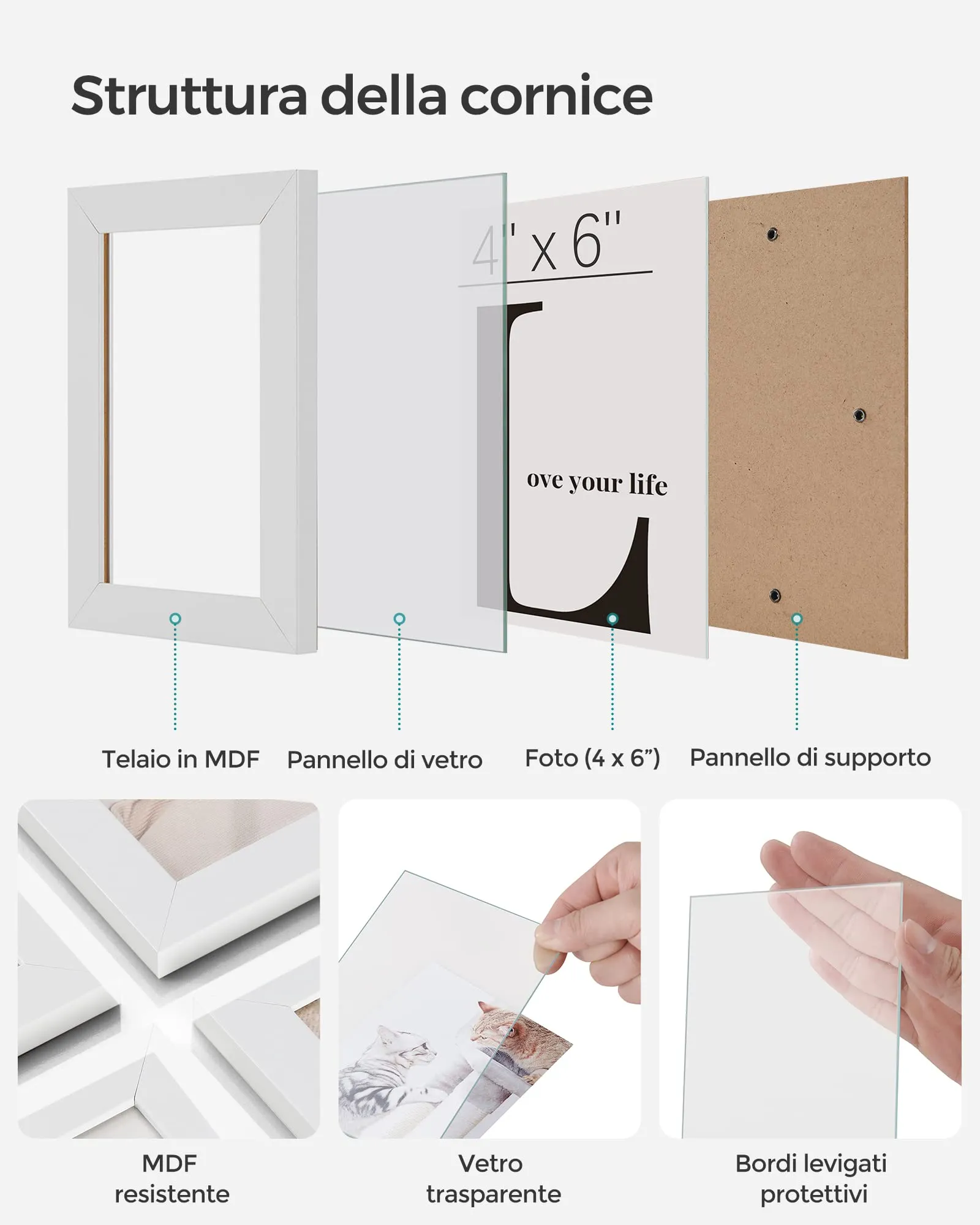 SONGMICS RPF22WT Cornice portafoto per 12 foto 10 x 15 cm, vetro e MDF, bianco nuvola - immagine 3