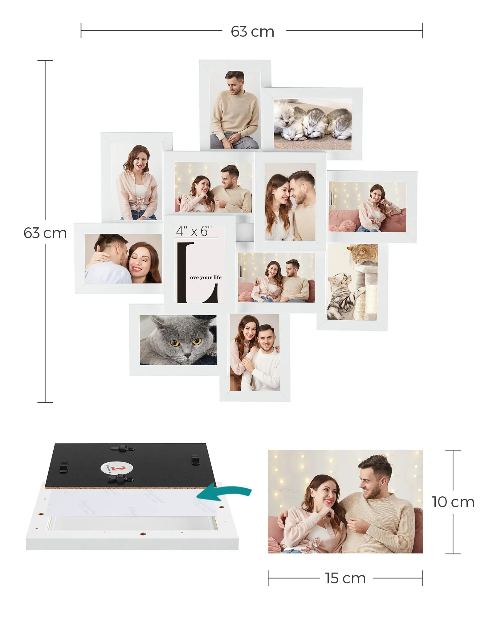 SONGMICS RPF22WT Cornice portafoto per 12 foto 10 x 15 cm, vetro e MDF, bianco nuvola - immagine 6