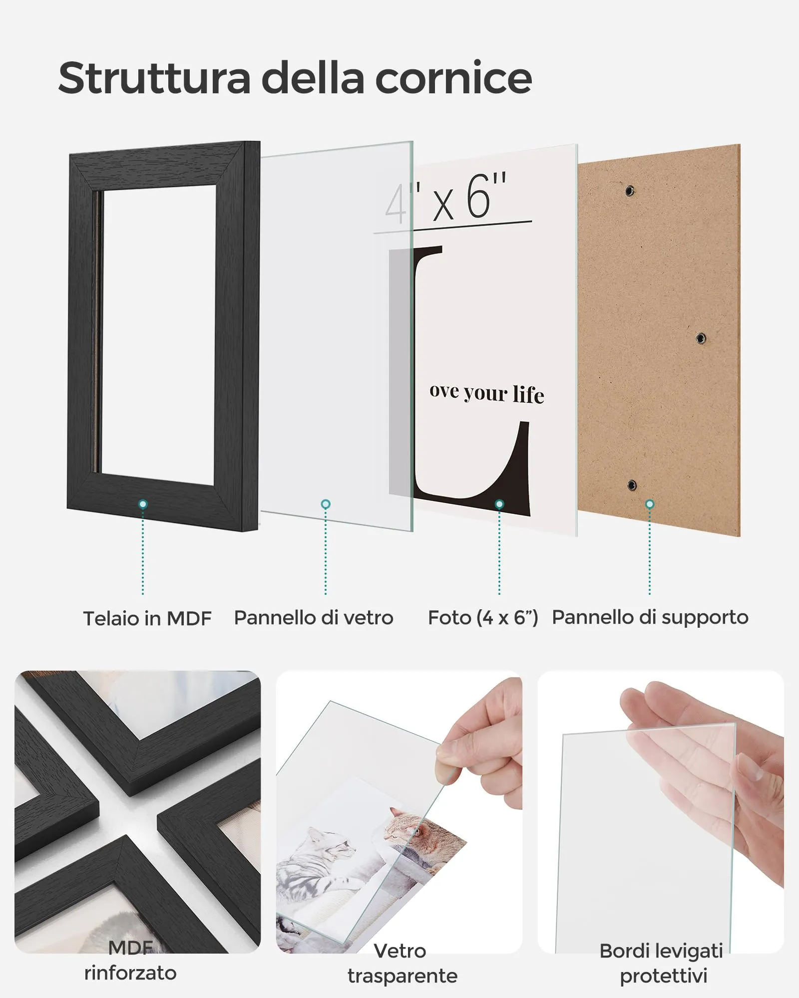 SONGMICS Collage di 12 Cornici per Foto 10 x 15 cm, Nero Inchiostro RPF22BK - immagine 3