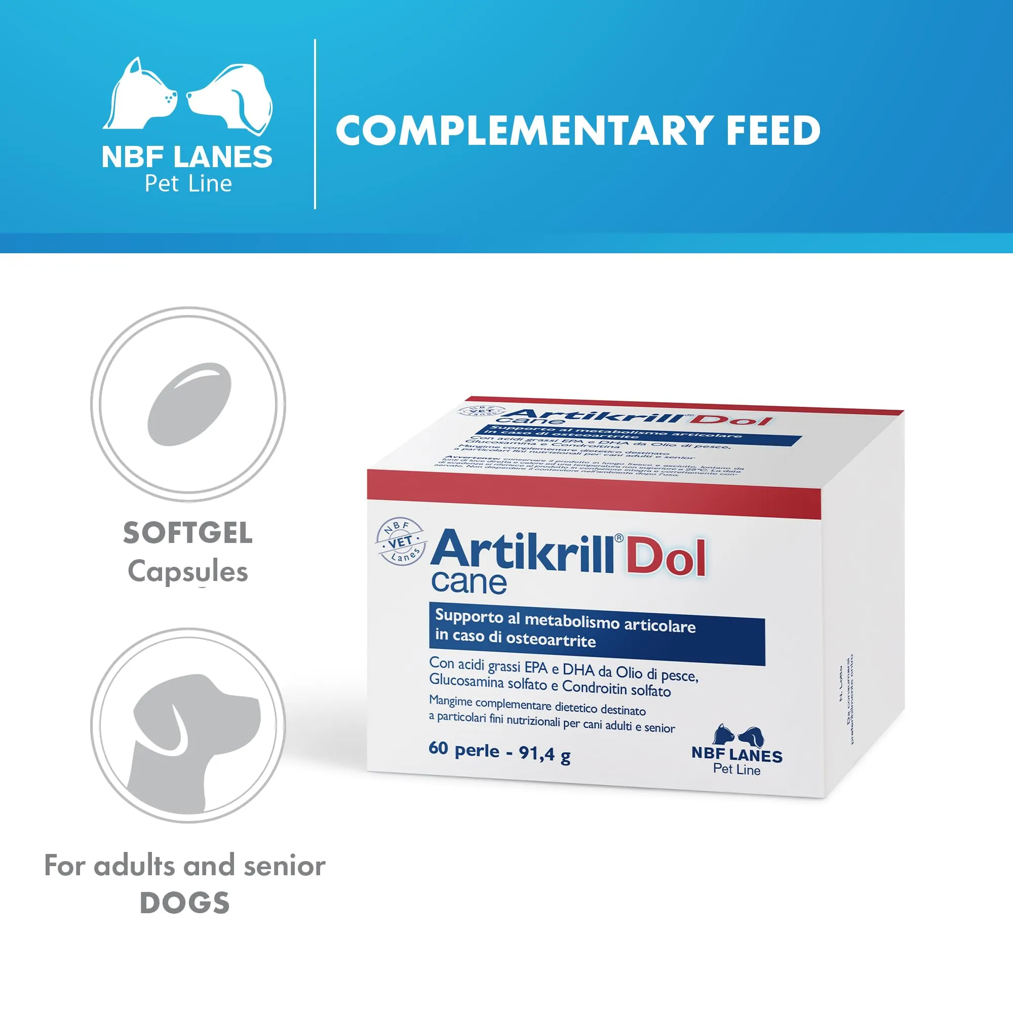 NBF Lanes Artikrill Dol Cane, 60 Perle, Supporto Metabolismo Articolare per Cane Adulto e Senior - immagine 2