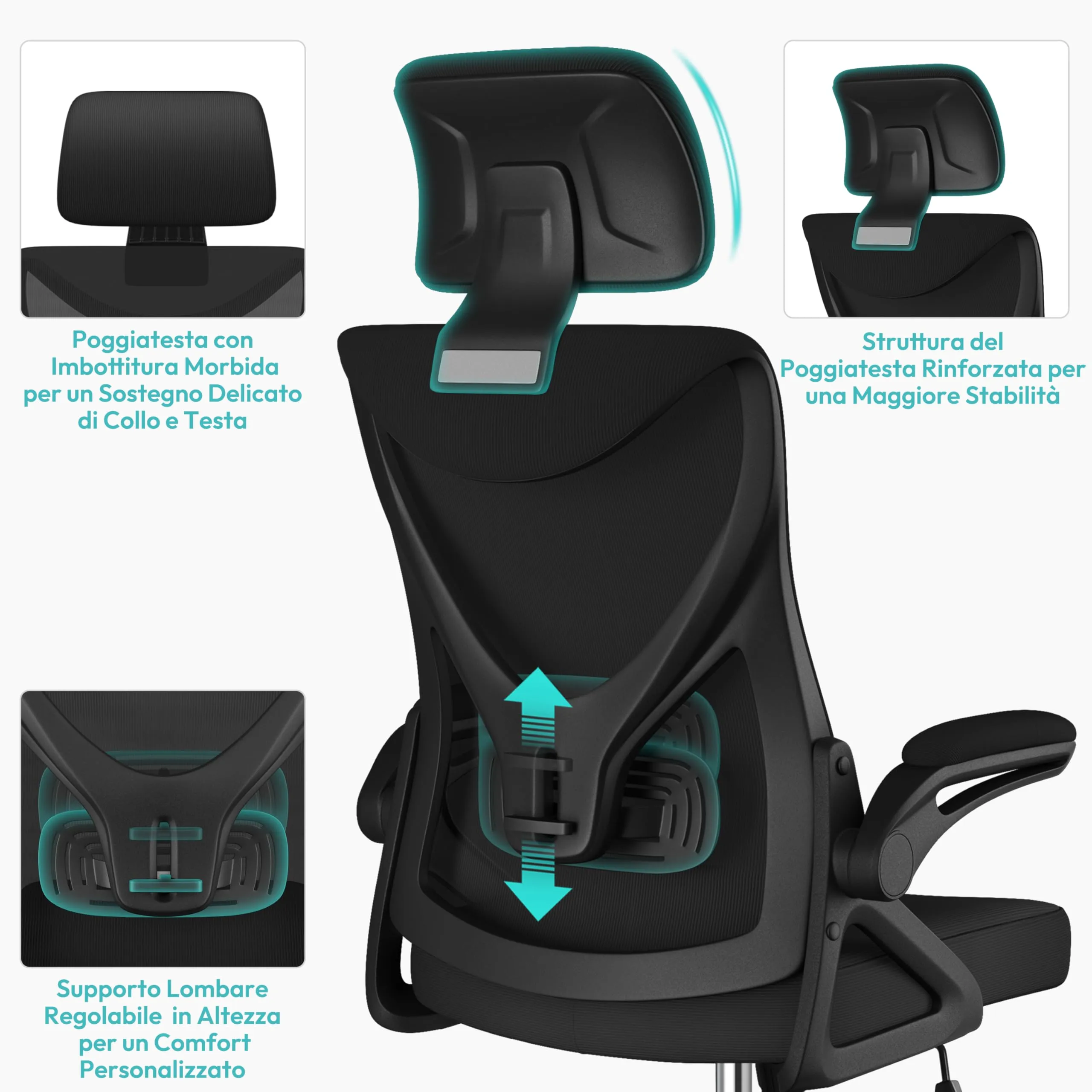 Yaheetech Sedia da Ufficio Ergonomica con Supporto Lombare, Nera - immagine 4
