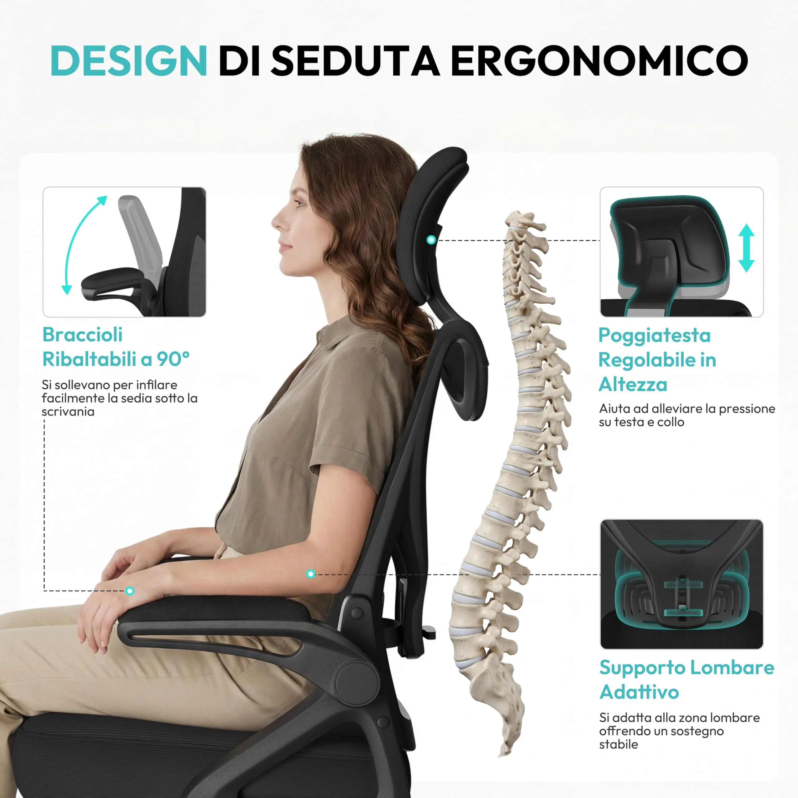 Yaheetech Sedia da Ufficio Ergonomica con Supporto Lombare, Nera - immagine 6
