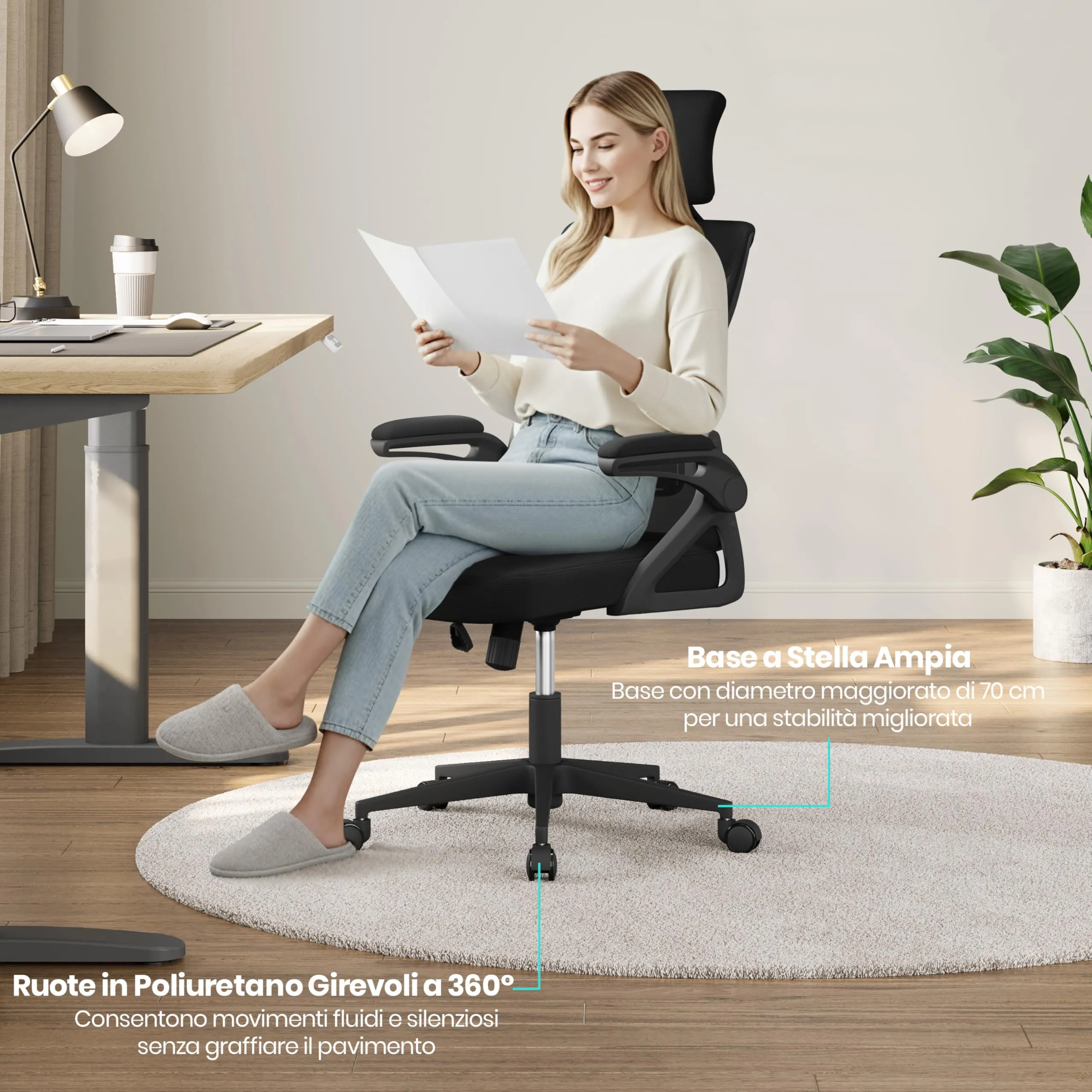 Yaheetech Sedia da Ufficio Ergonomica con Supporto Lombare, Nera - immagine 7