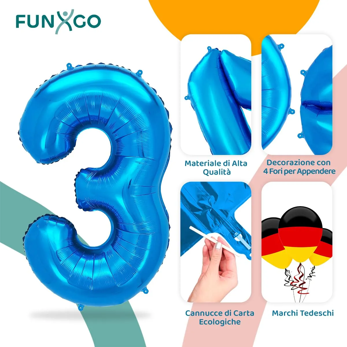 FUNXGO Palloncini Numero 3 Blu, Set da 3 Pezzi - immagine 3