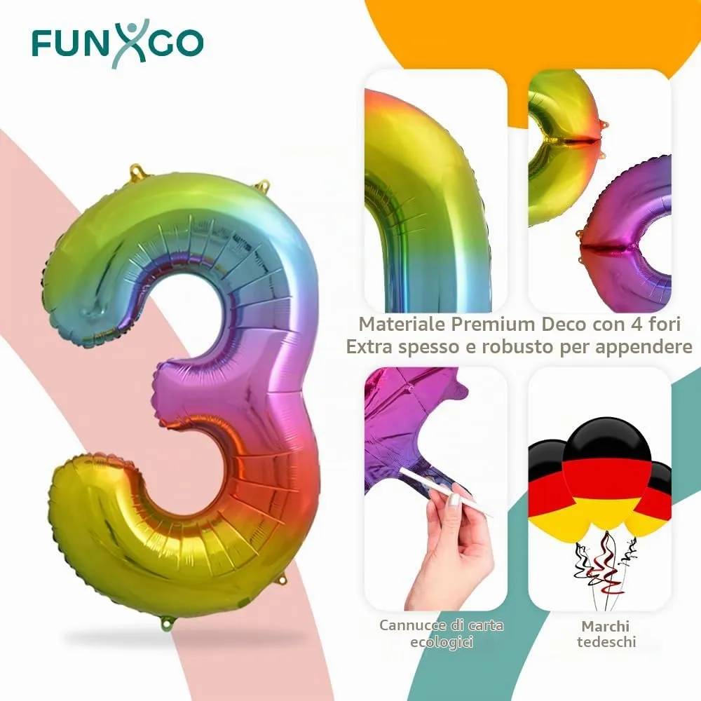 FUNXGO Palloncino Numero 3 Multicolore - immagine 3