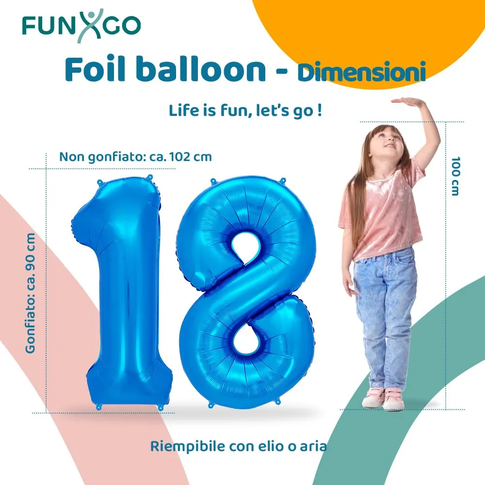 FUNXGO Palloncino Numero 18 Blu per Compleanno - immagine 2