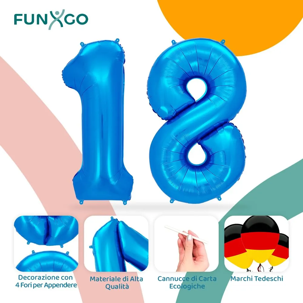 FUNXGO Palloncino Numero 18 Blu per Compleanno - immagine 3