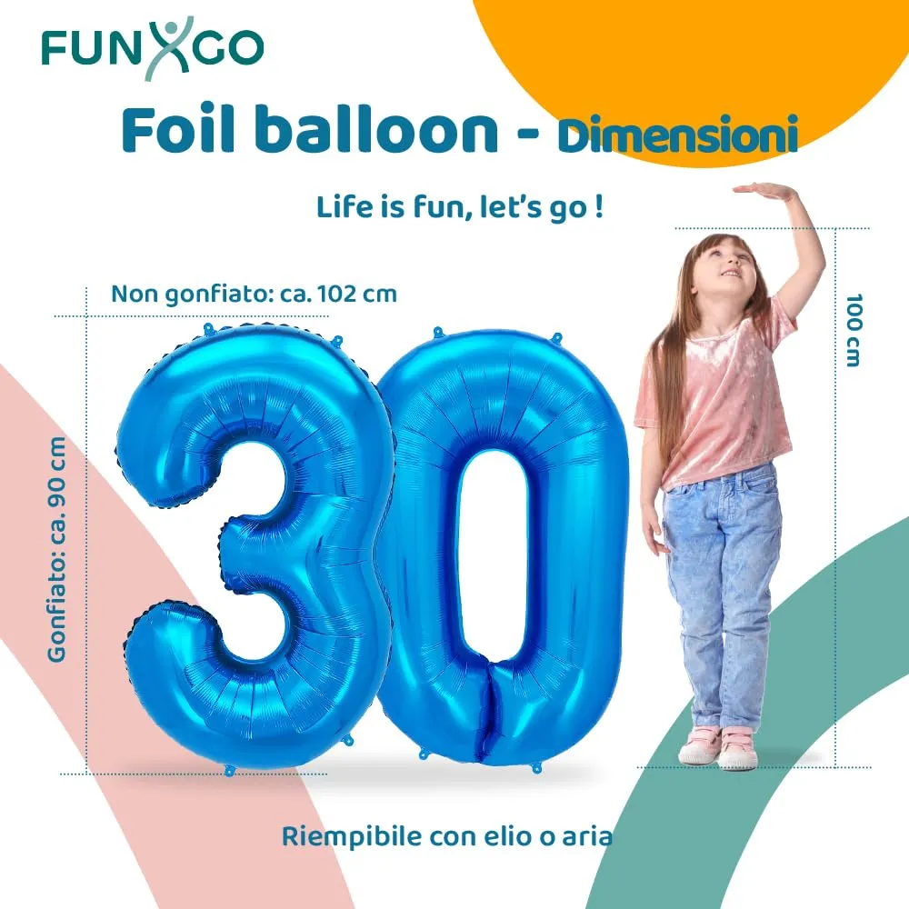 FUNXGO Palloncino Numero 30 Blu, 100 cm, Ricaricabile per Compleanno e Anniversario - immagine 2