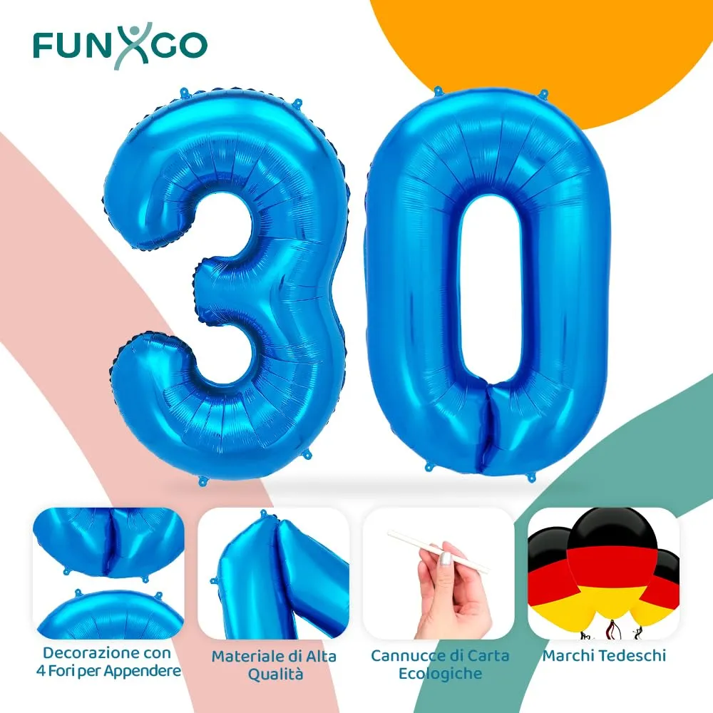 FUNXGO Palloncino Numero 30 Blu, 100 cm, Ricaricabile per Compleanno e Anniversario - immagine 3