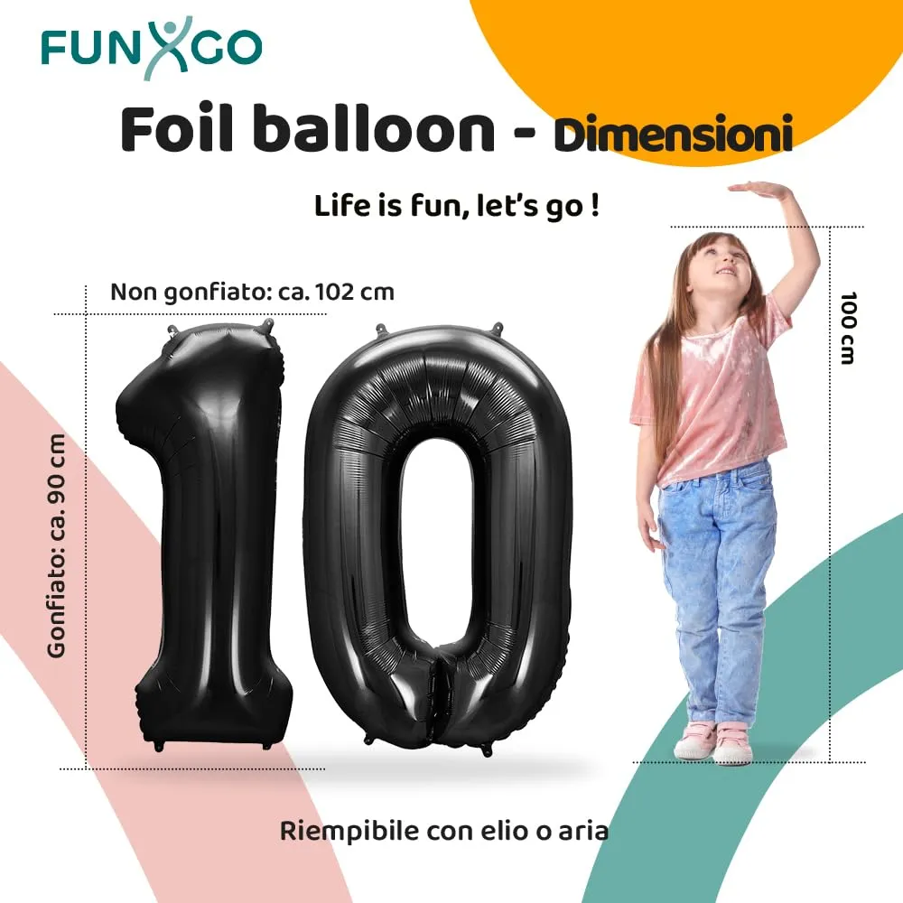 FUNXGO Palloncino in pellicola nero, numero 10, 100 cm - immagine 2