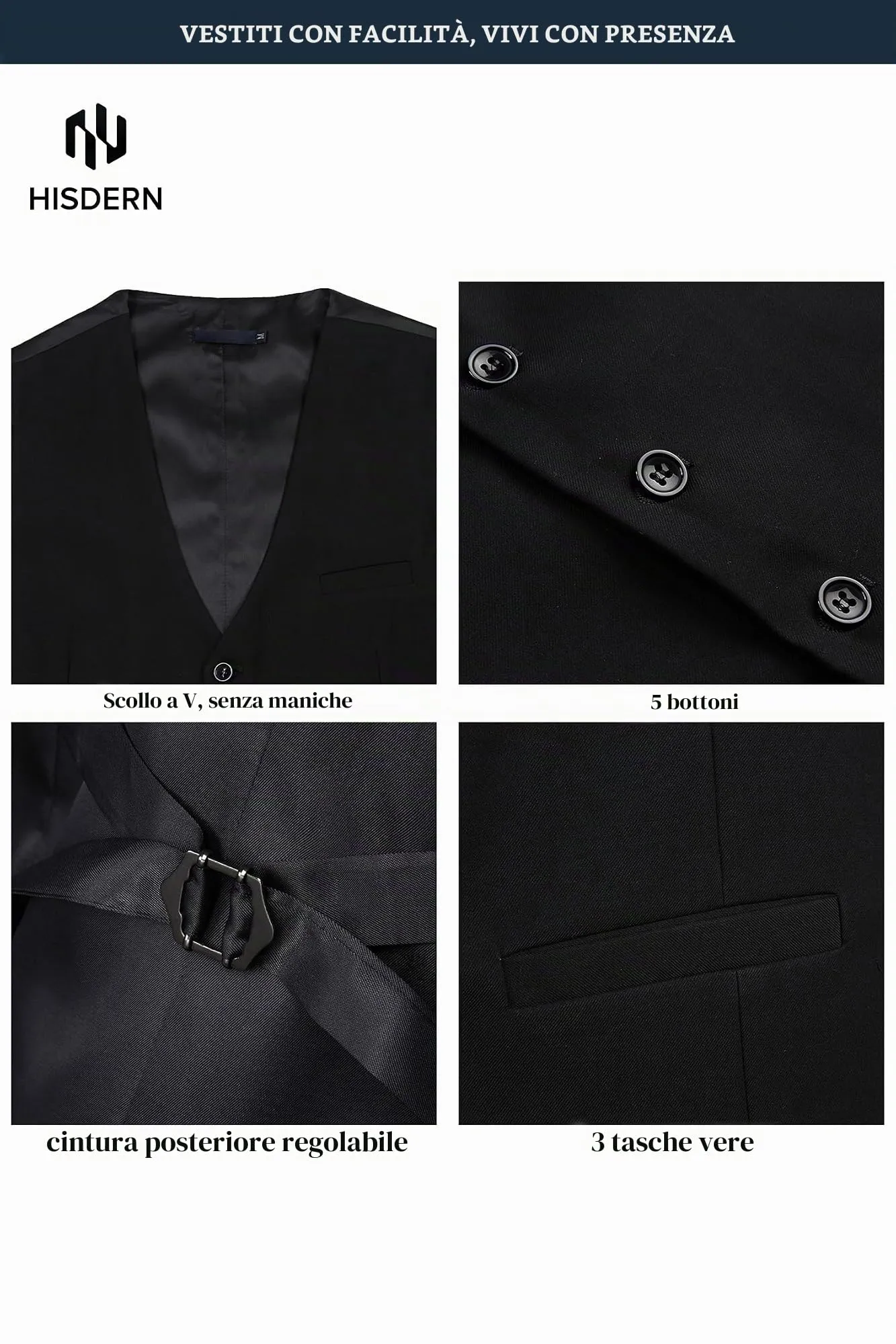 HISDERN Gilet da uomo in cotone nero - immagine 6