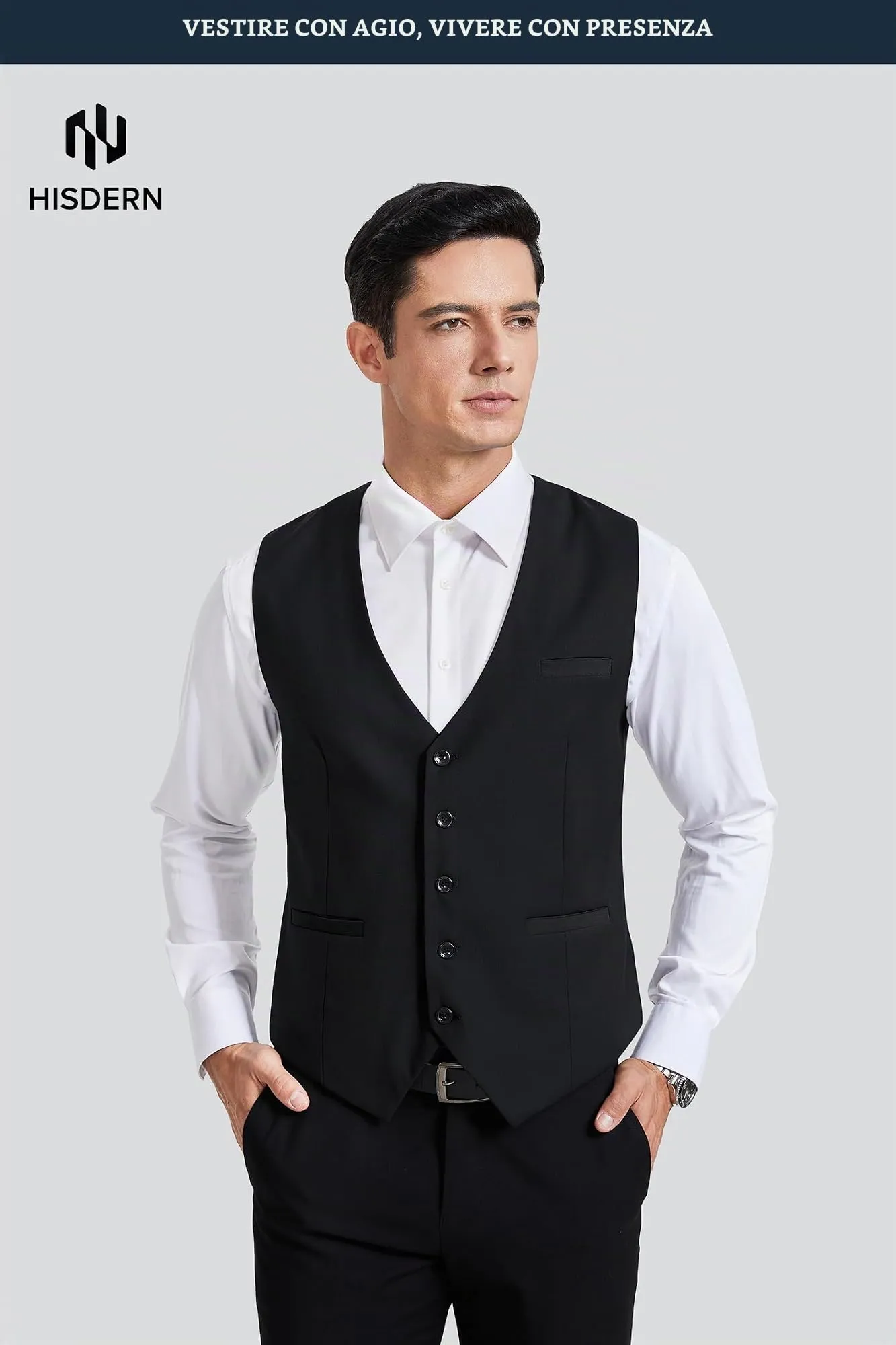 HISDERN Gilet da uomo in cotone nero - immagine 2
