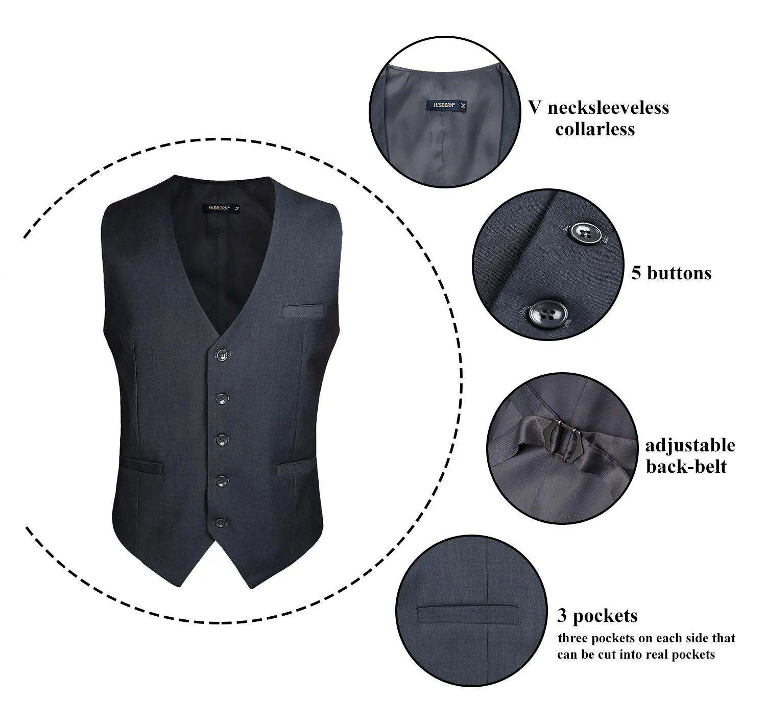 HISDERN Gilet da Uomo Business in Cotone Grigio - immagine 5