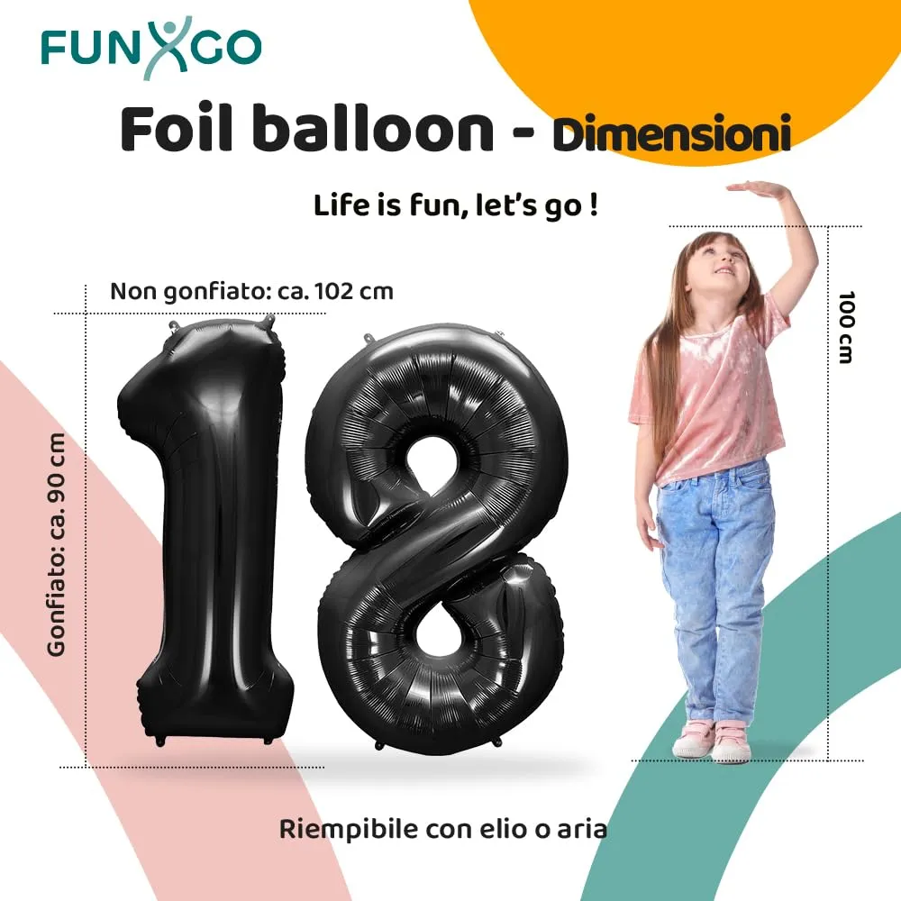 FUNXGO Palloncino Nero Numero 18, 100 cm - immagine 2