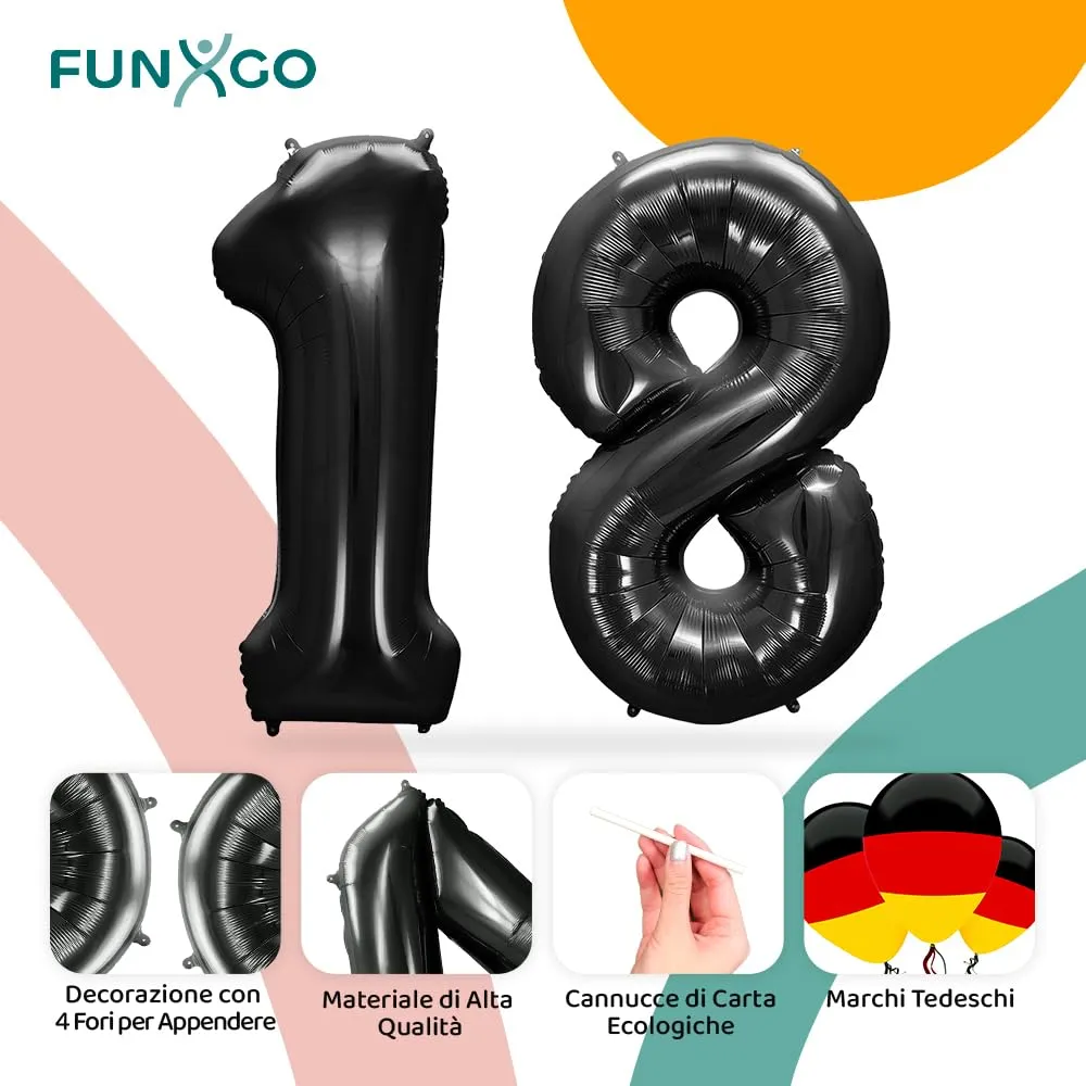 FUNXGO Palloncino Nero Numero 18, 100 cm - immagine 3
