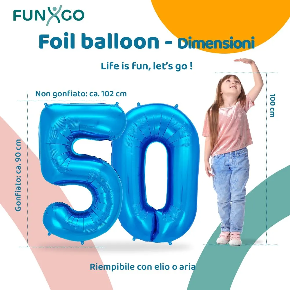 FUNXGO Palloncino Numero 50 Blu per Compleanno e Anniversario - immagine 2