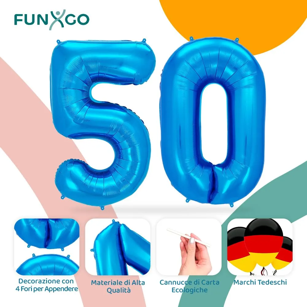 FUNXGO Palloncino Numero 50 Blu per Compleanno e Anniversario - immagine 3