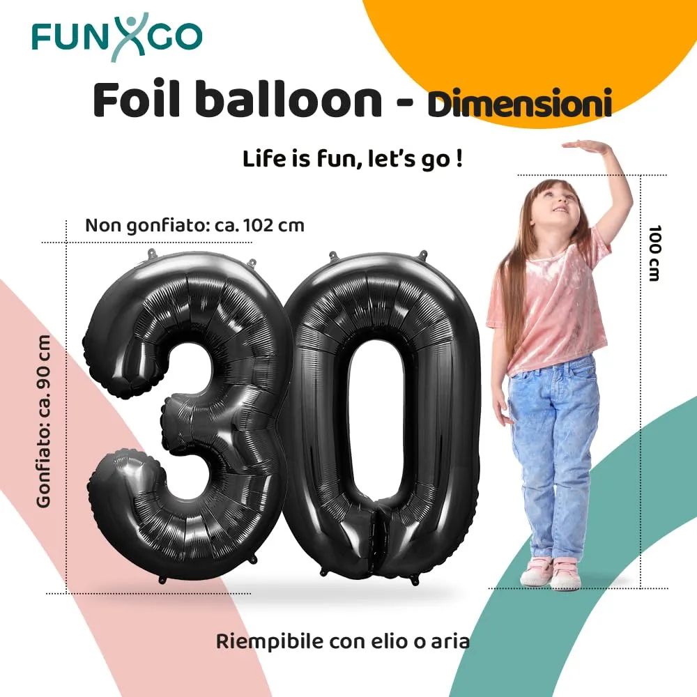 FUNXGO Palloncino Numero 30 Nero - immagine 2