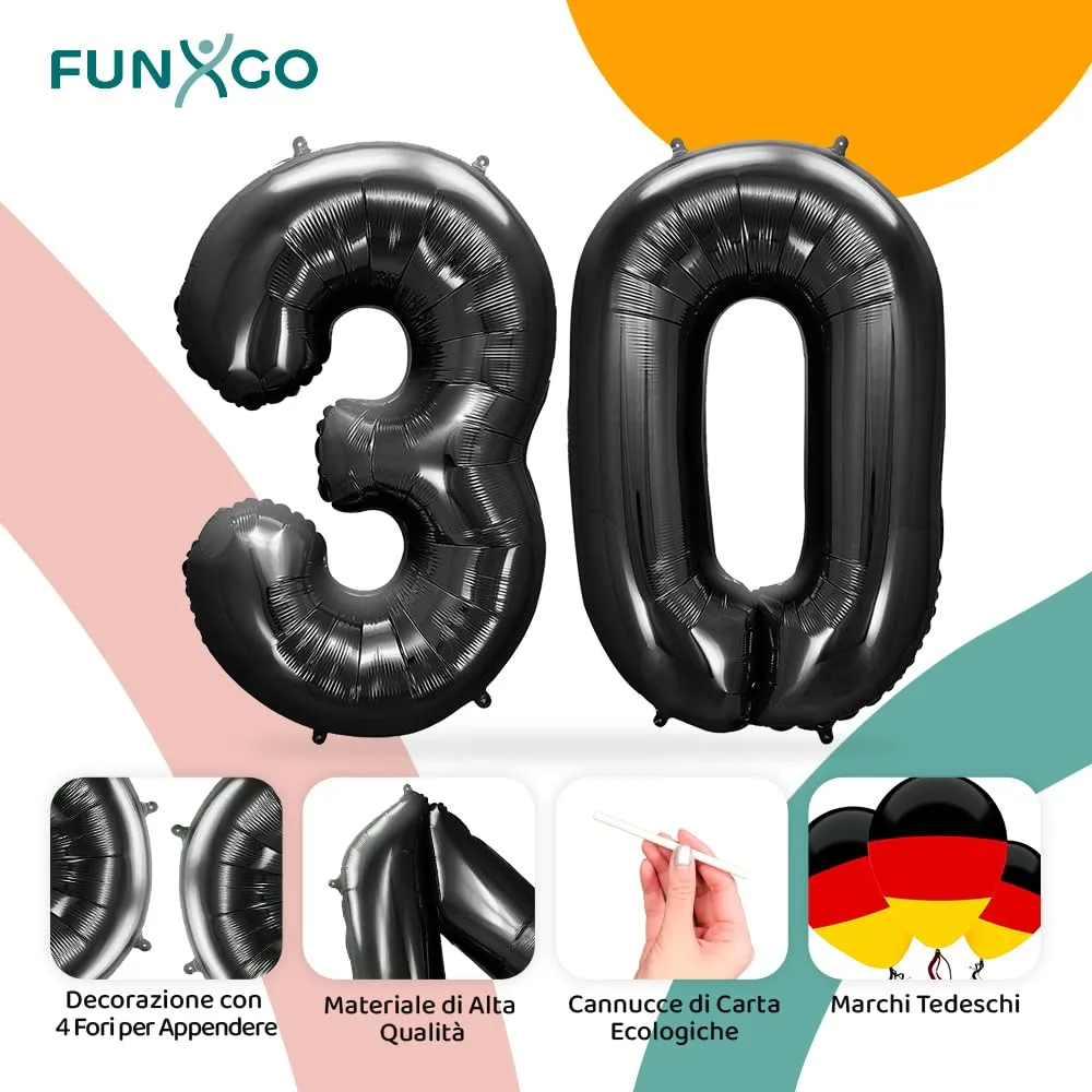 FUNXGO Palloncino Numero 30 Nero - immagine 3