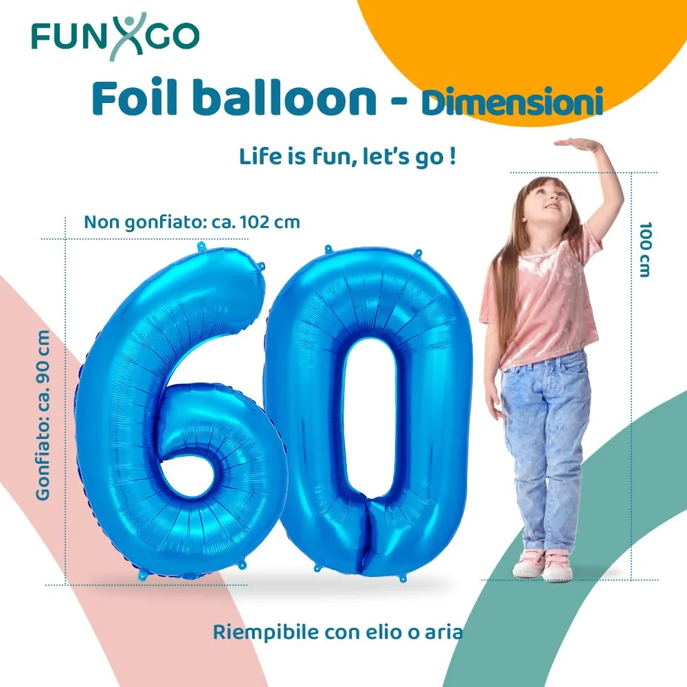 FUNXGO Palloncino Numero 60 Blu per Compleanno e Anniversario - immagine 2