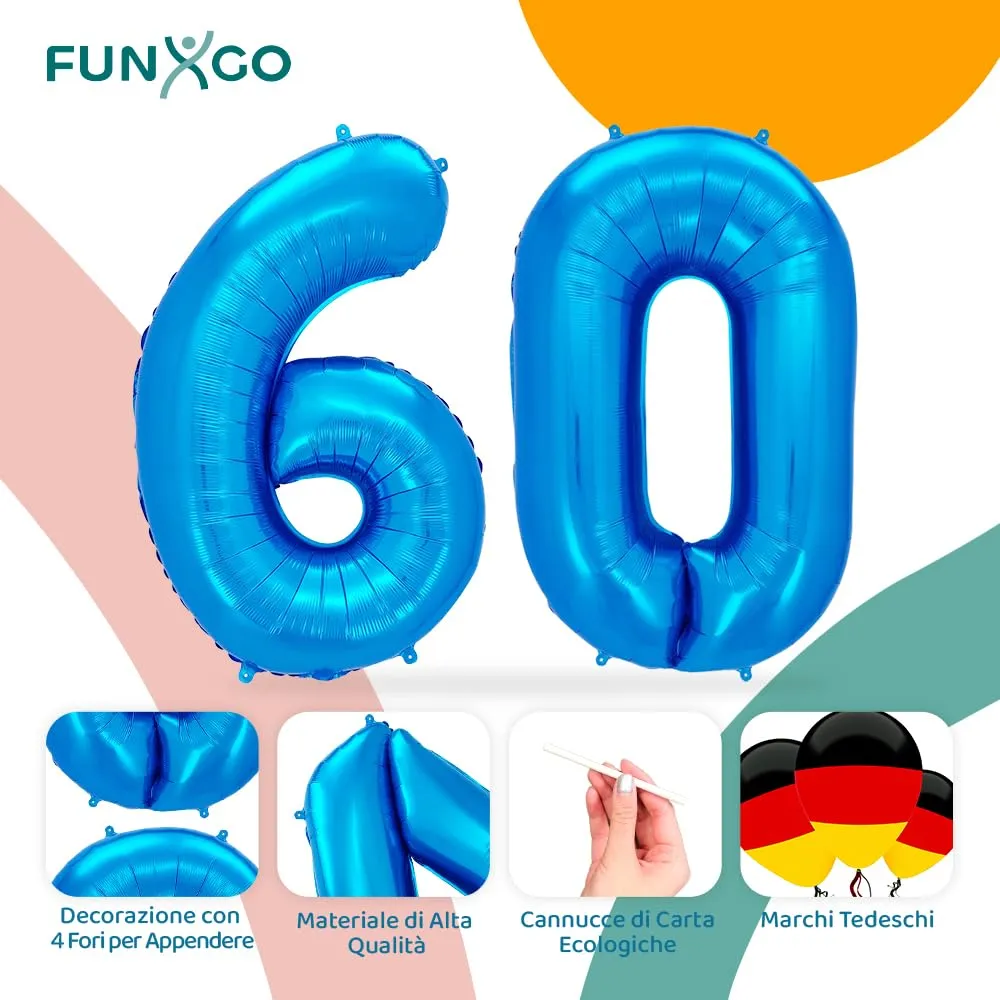 FUNXGO Palloncino Numero 60 Blu per Compleanno e Anniversario - immagine 3