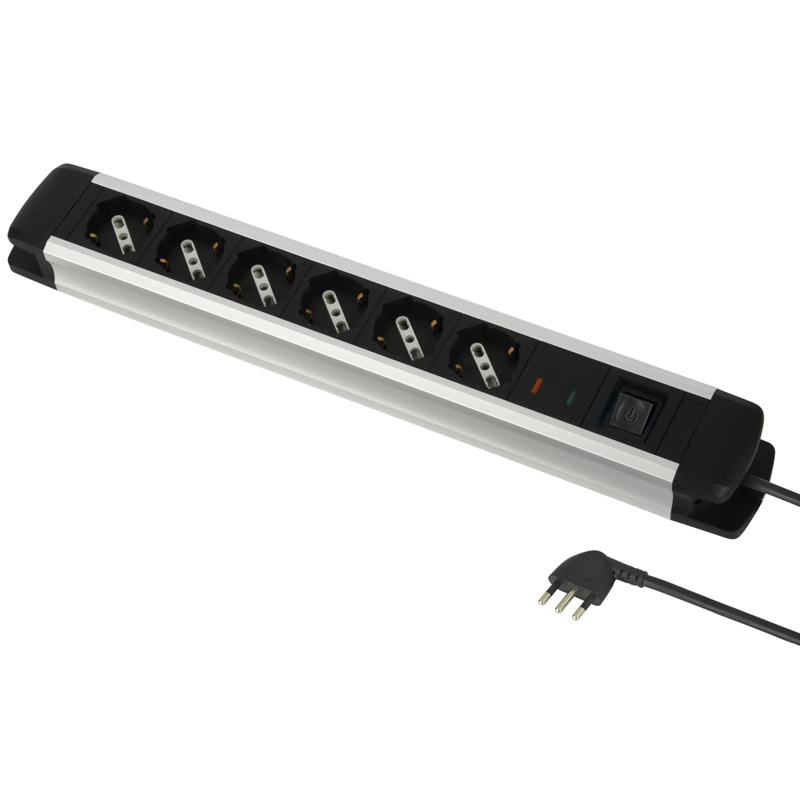 Electraline 61904 Alu-Line Multipresa 6 Posti Polivalenti Schuko + 10/16A con Interruttore, Corpo in Alluminio, 2 M, Spina 90° Salvaspazio, Protezione Sovratensioni, Fissaggio a Parete - immagine 1