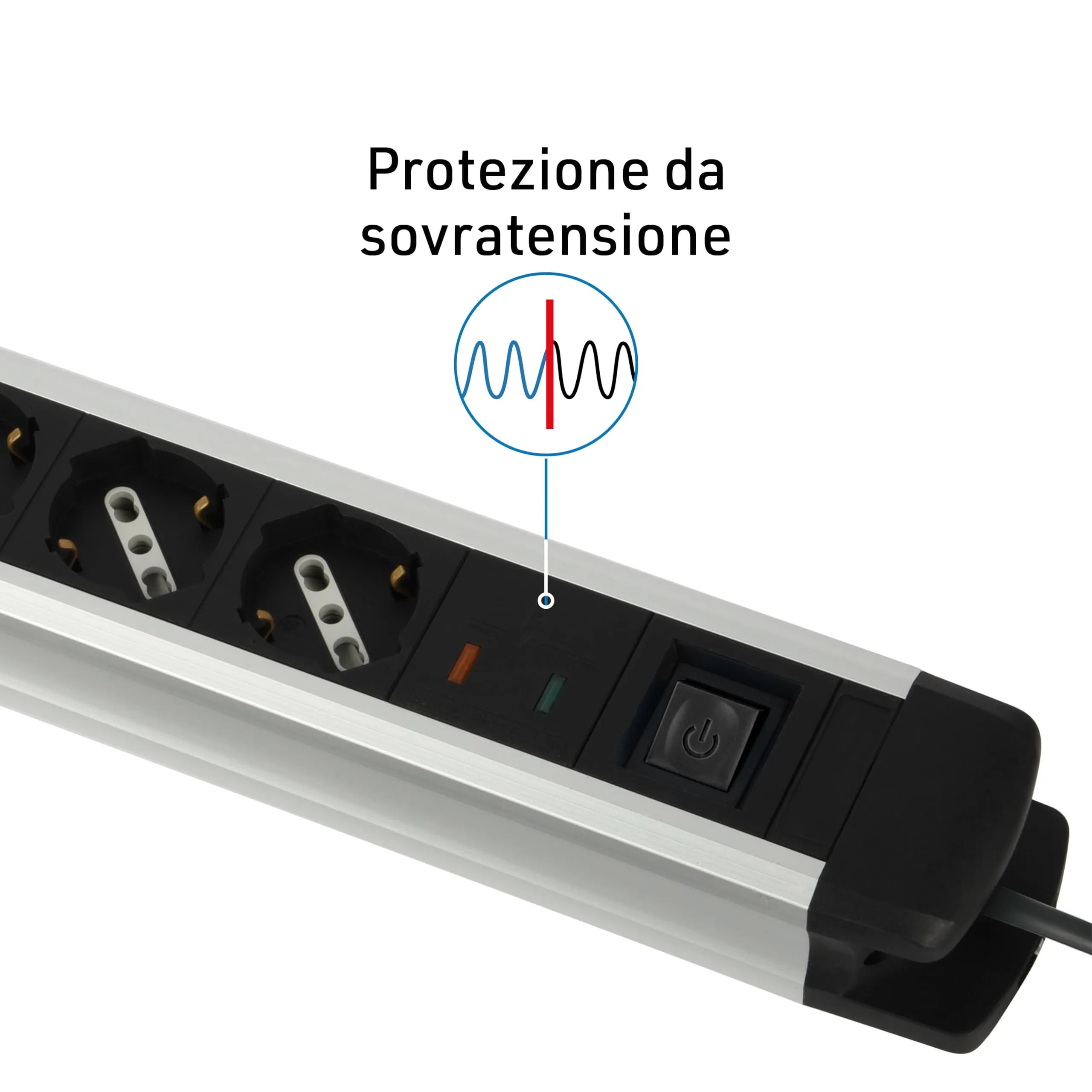Electraline 61904 Alu-Line Multipresa 6 Posti Polivalenti Schuko + 10/16A con Interruttore, Corpo in Alluminio, 2 M, Spina 90° Salvaspazio, Protezione Sovratensioni, Fissaggio a Parete - immagine 6