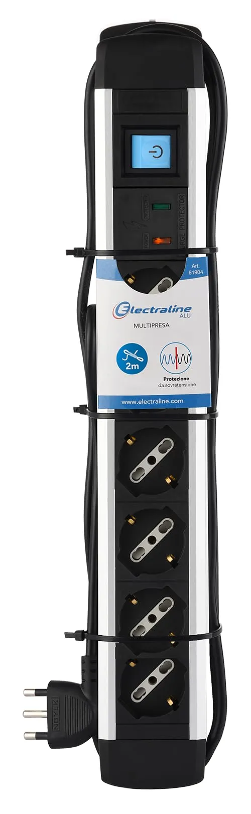 Electraline 61904 Alu-Line Multipresa 6 Posti Polivalenti Schuko + 10/16A con Interruttore, Corpo in Alluminio, 2 M, Spina 90° Salvaspazio, Protezione Sovratensioni, Fissaggio a Parete - immagine 7