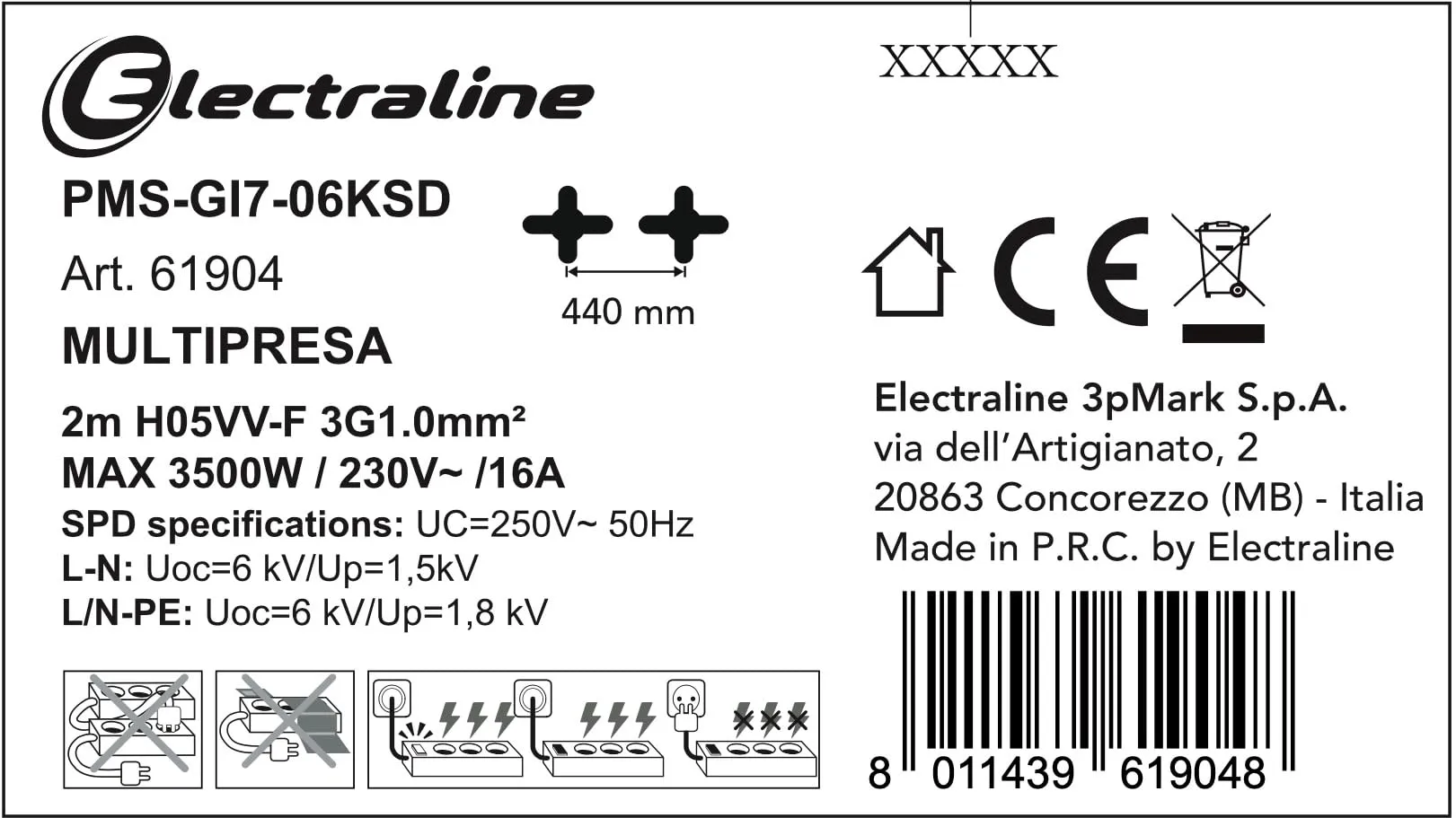 Electraline 61904 Alu-Line Multipresa 6 Posti Polivalenti Schuko + 10/16A con Interruttore, Corpo in Alluminio, 2 M, Spina 90° Salvaspazio, Protezione Sovratensioni, Fissaggio a Parete - immagine 8