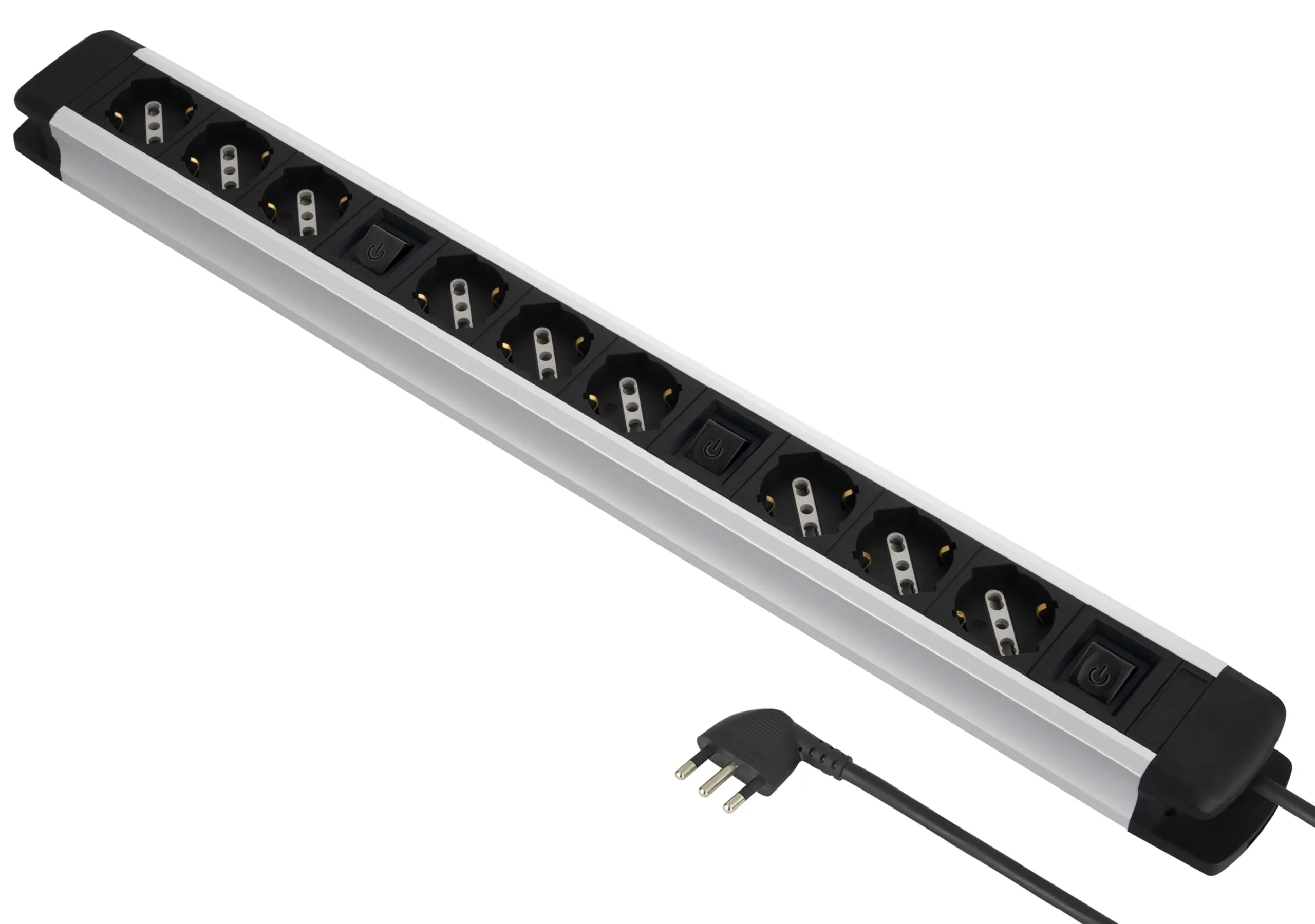 Electraline 61900 Alu-Line Multipresa 9 Posti Polivalenti e 3 Interruttori Luminosi, 2M, Argento/Nero - immagine 1