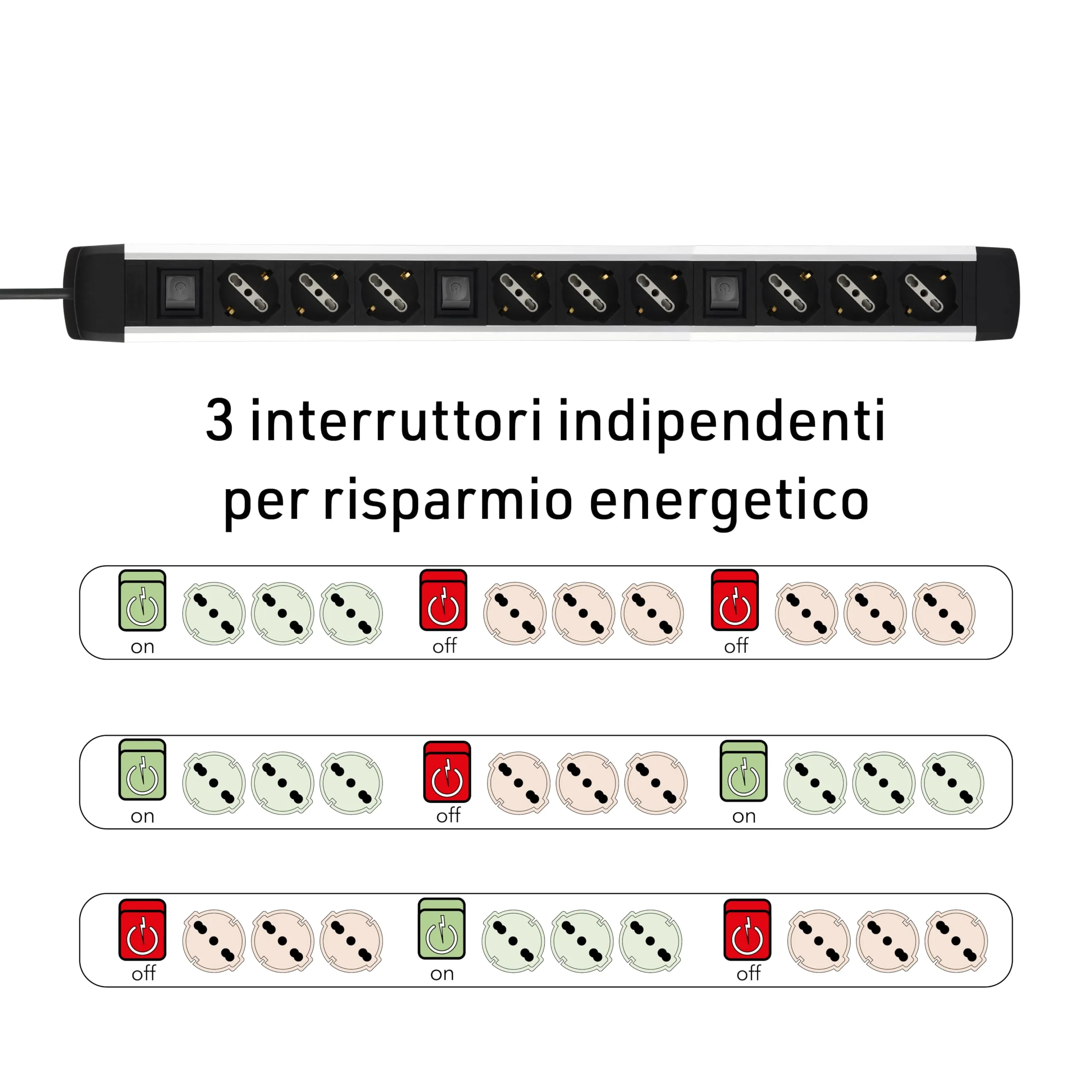 Electraline 61900 Alu-Line Multipresa 9 Posti Polivalenti e 3 Interruttori Luminosi, 2M, Argento/Nero - immagine 2