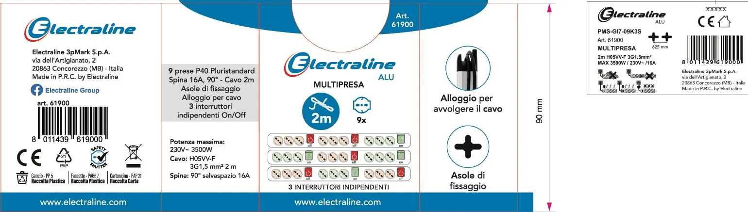 Electraline 61900 Alu-Line Multipresa 9 Posti Polivalenti e 3 Interruttori Luminosi, 2M, Argento/Nero - immagine 7