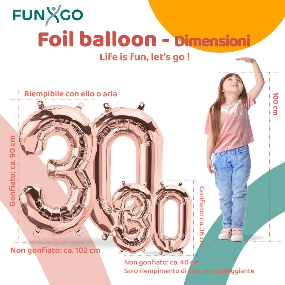 FUNXGO Palloncini Numero 30 Oro Rosa, 2 pezzi (42" & 17") - immagine 2