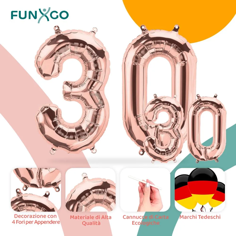 FUNXGO Palloncini Numero 30 Oro Rosa, 2 pezzi (42" & 17") - immagine 3