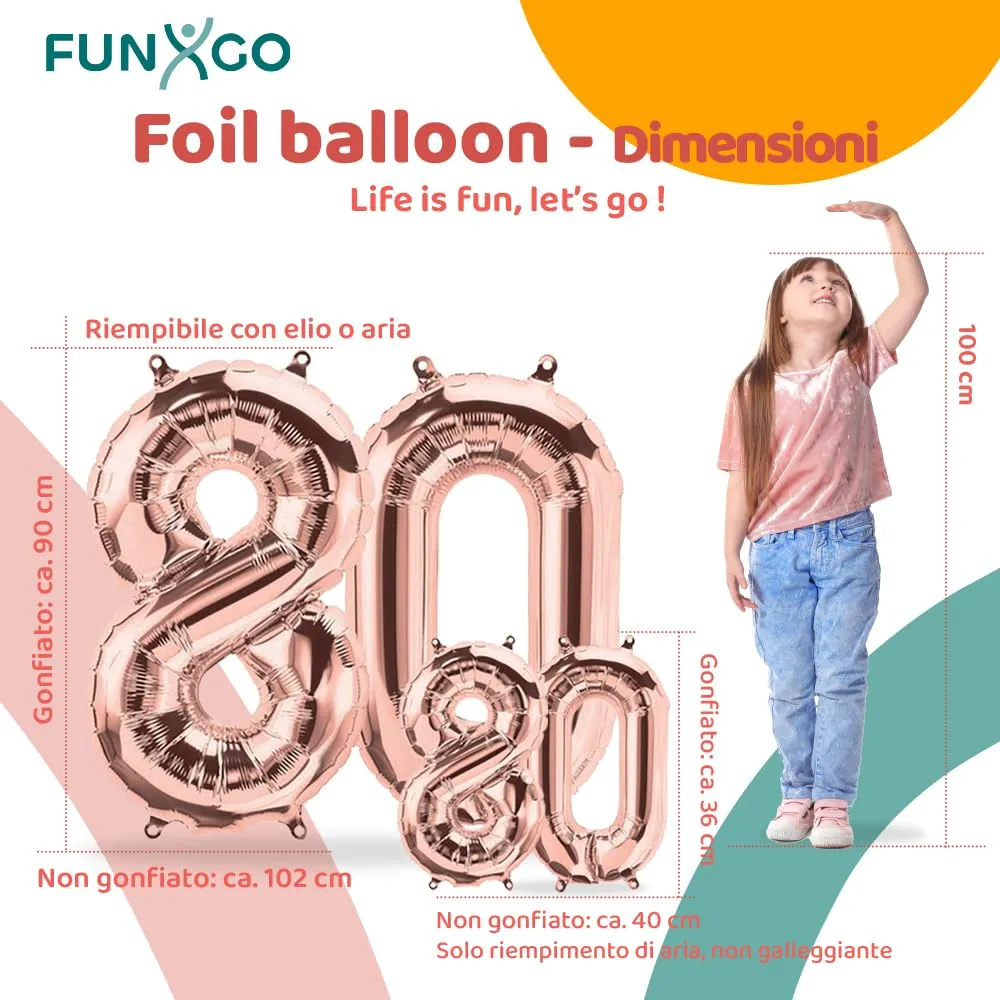 FUNXGO Palloncini Numero 80 Oro Rosa, 2 pezzi (42" & 17") - immagine 2