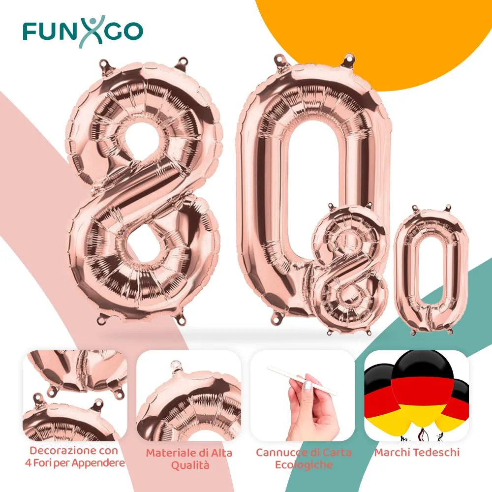 FUNXGO Palloncini Numero 80 Oro Rosa, 2 pezzi (42" & 17") - immagine 3