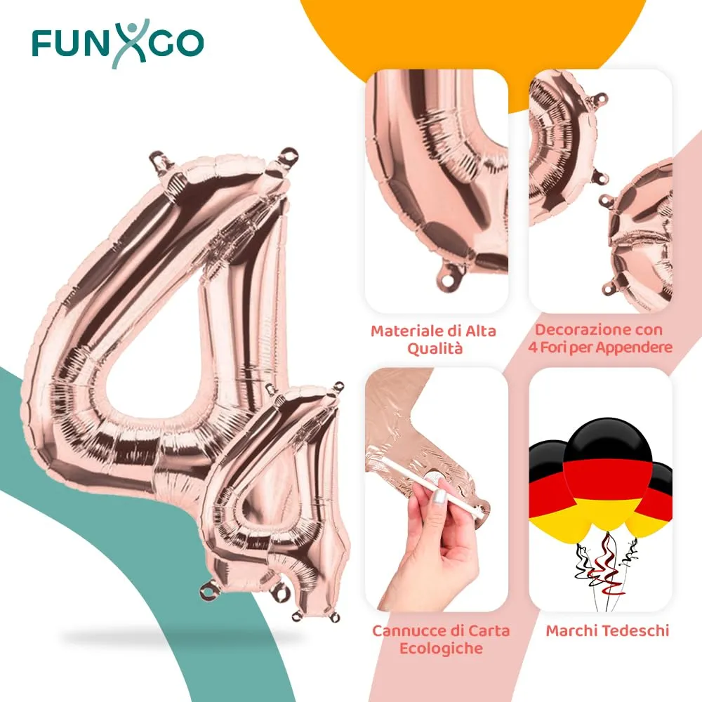 FUNXGO Palloncino Numero 4 Oro Rosa Grande - immagine 3