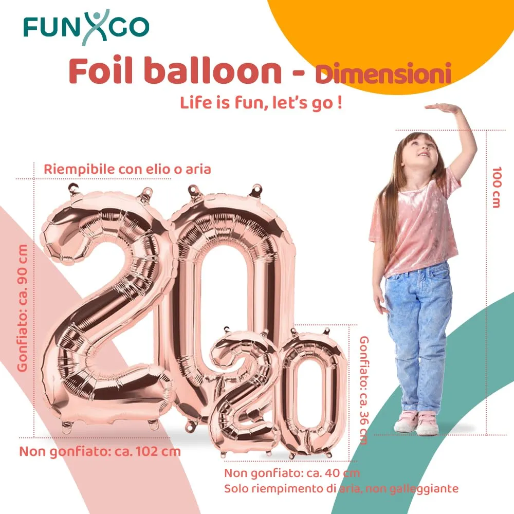 FUNXGO Palloncino Numero 20 Oro Rosa, 42" & 17" (100 cm e 38 cm), 2 Pezzi - immagine 2