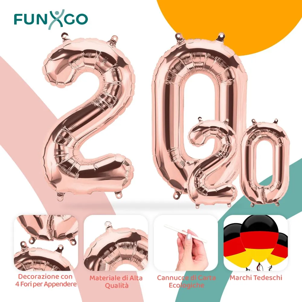 FUNXGO Palloncino Numero 20 Oro Rosa, 42" & 17" (100 cm e 38 cm), 2 Pezzi - immagine 3