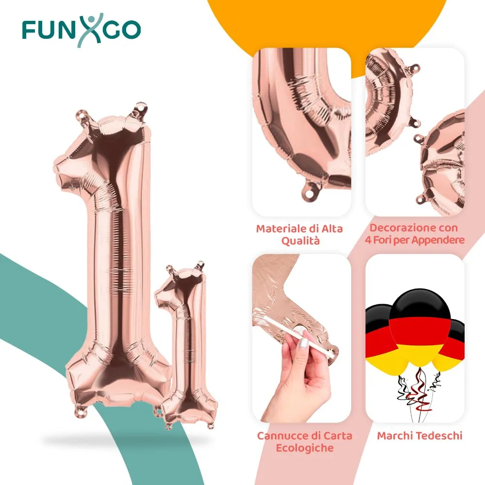 FUNXGO Palloncini in Pellicola Numero 1, Oro Rosa, 2 Pezzi (100 cm e 38 cm) - immagine 3