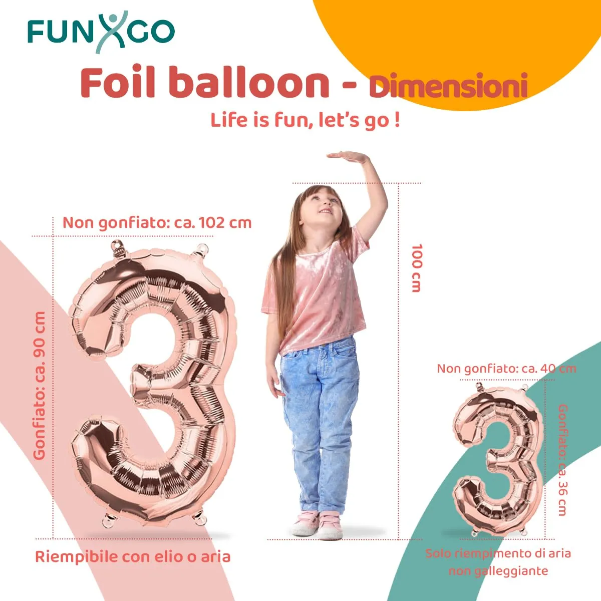 FUNXGO Palloncino Numero 3 Oro Rosa Grande 100 cm per Compleanno - immagine 2