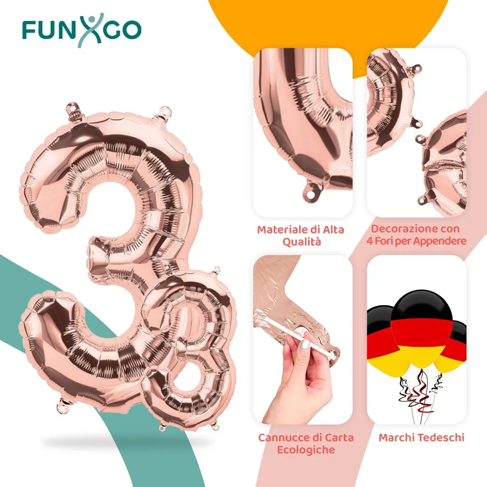 FUNXGO Palloncino Numero 3 Oro Rosa Grande 100 cm per Compleanno - immagine 3