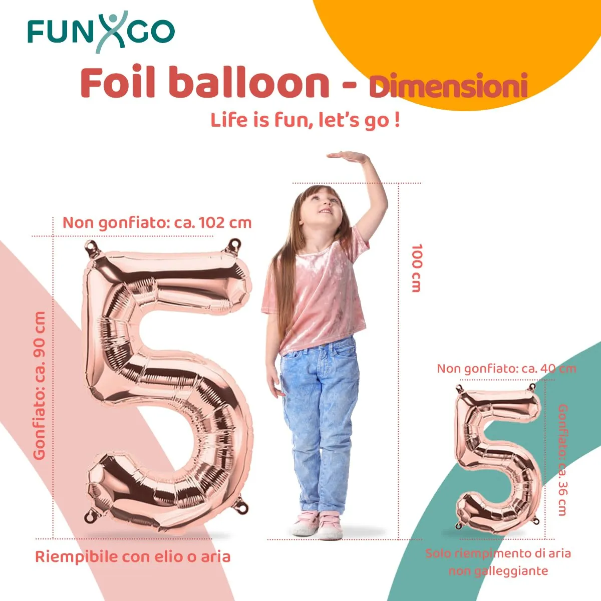FUNXGO Palloncini in pellicola numero 5, oro rosa, 2 pezzi (42" e 17") - immagine 2