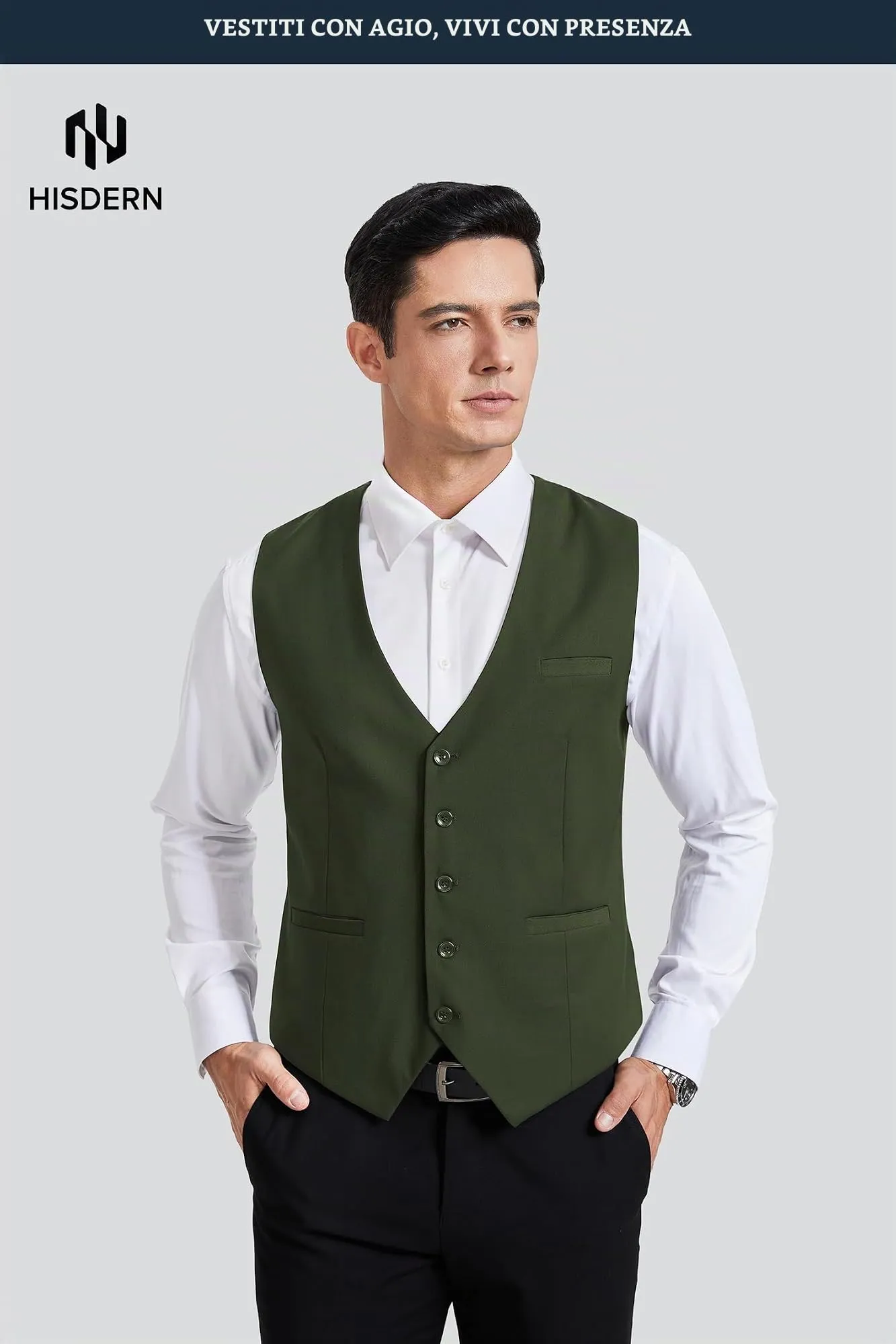 HISDERN Gilet da uomo in cotone verde - immagine 2