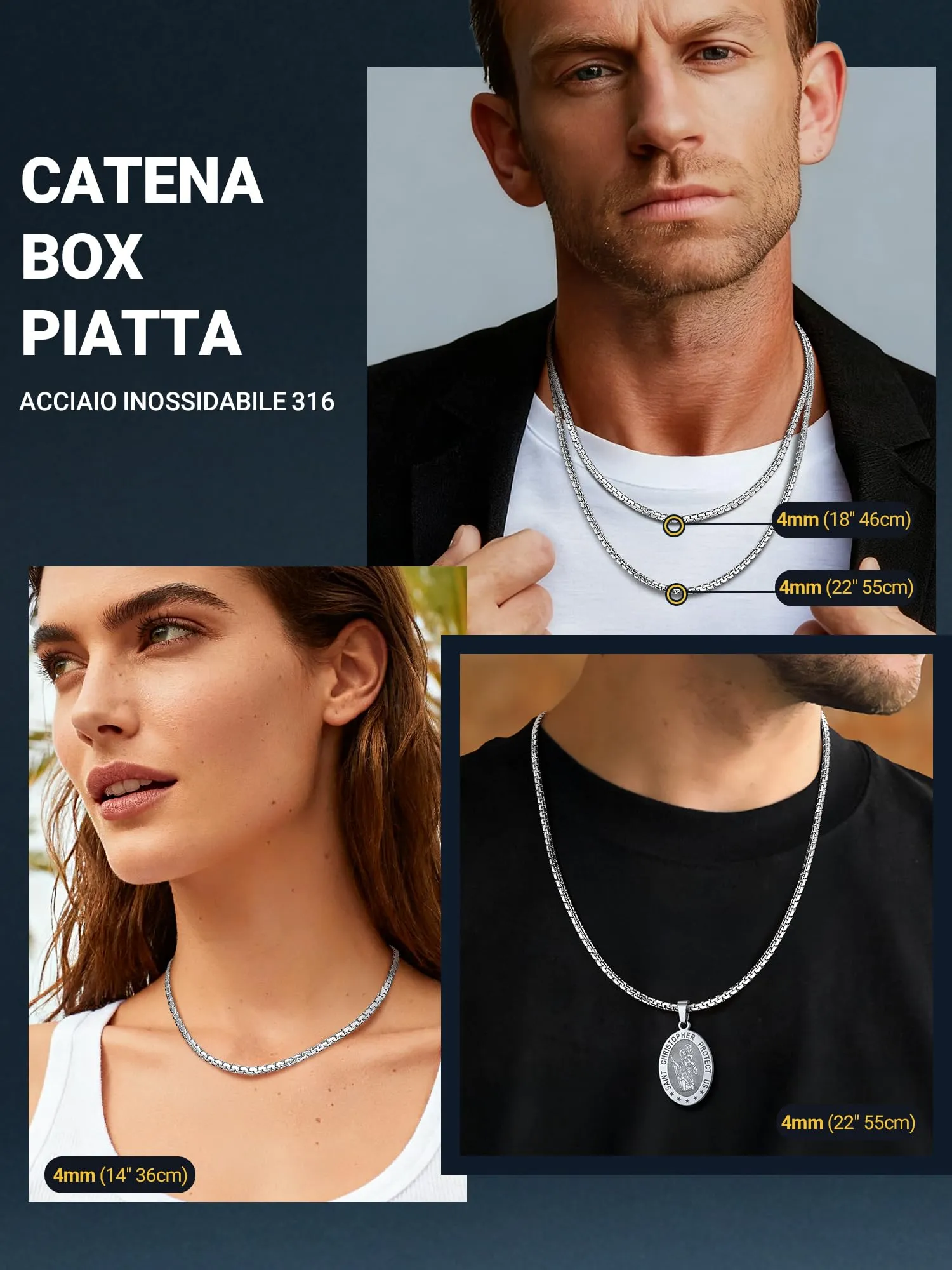 PROSTEEL Collana Catena a Scatola in Acciaio Inossidabile, 4 mm o 6 mm - immagine 5