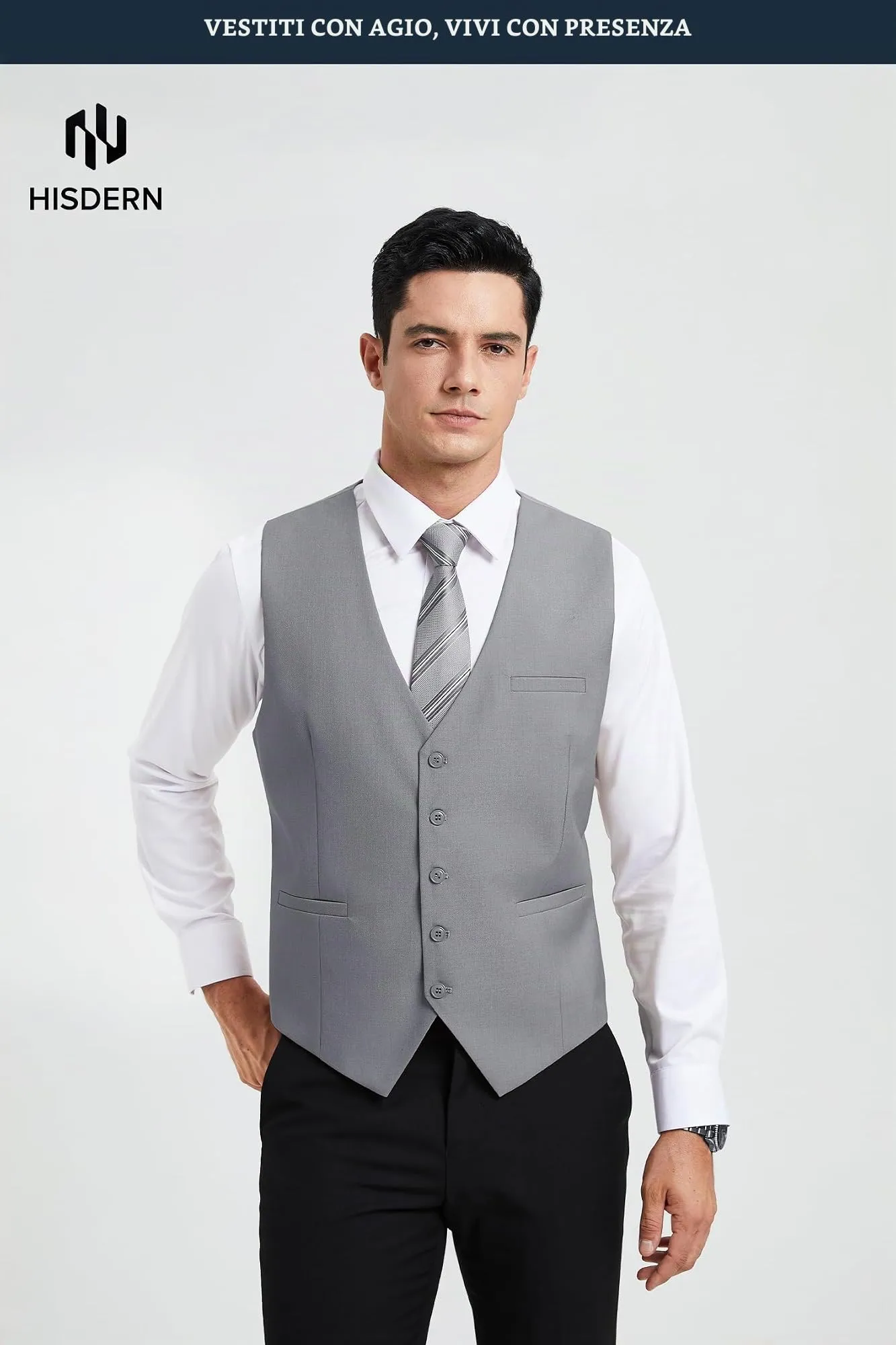 HISDERN Gilet da uomo in cotone grigio - immagine 2