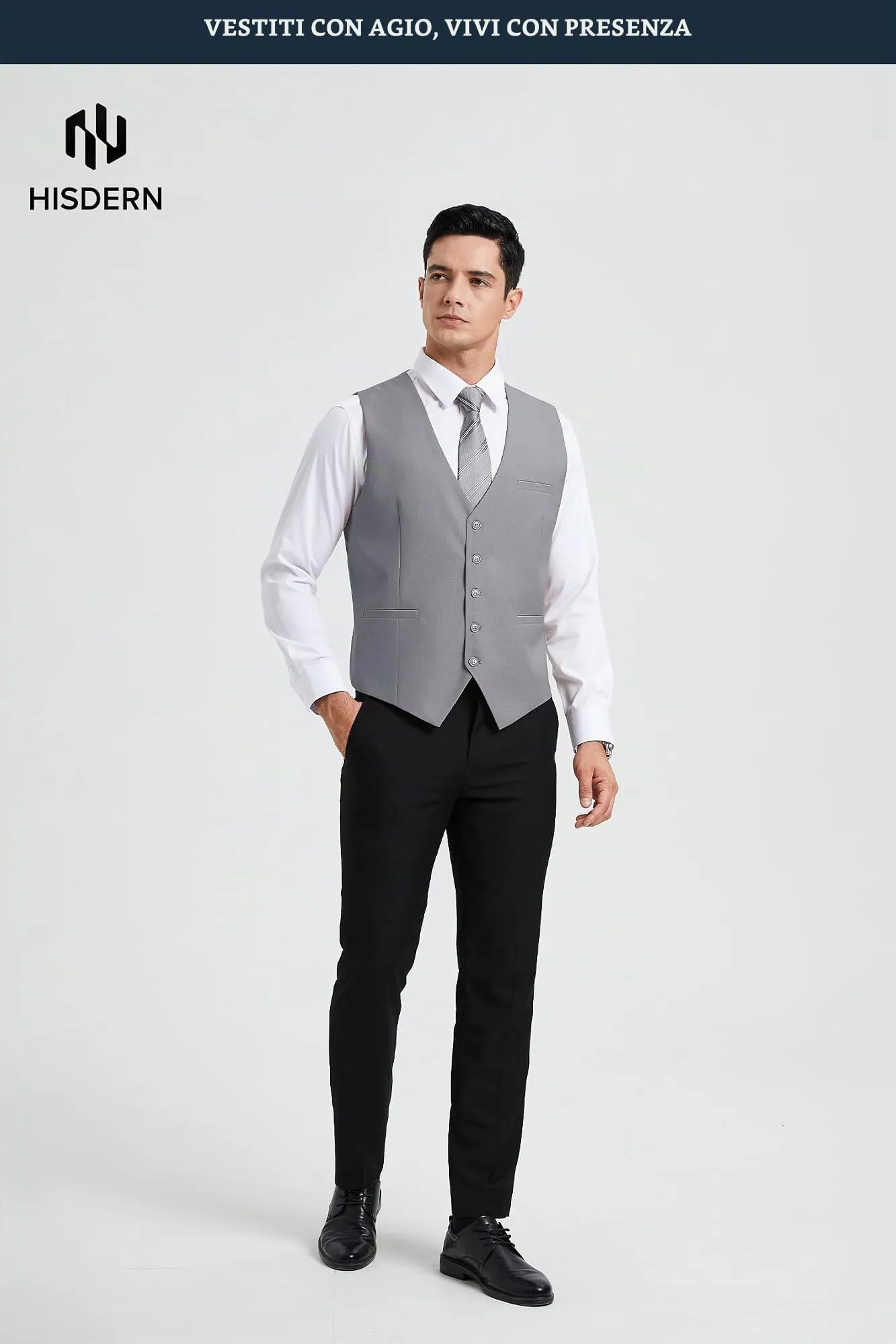 HISDERN Gilet da uomo in cotone grigio - immagine 4